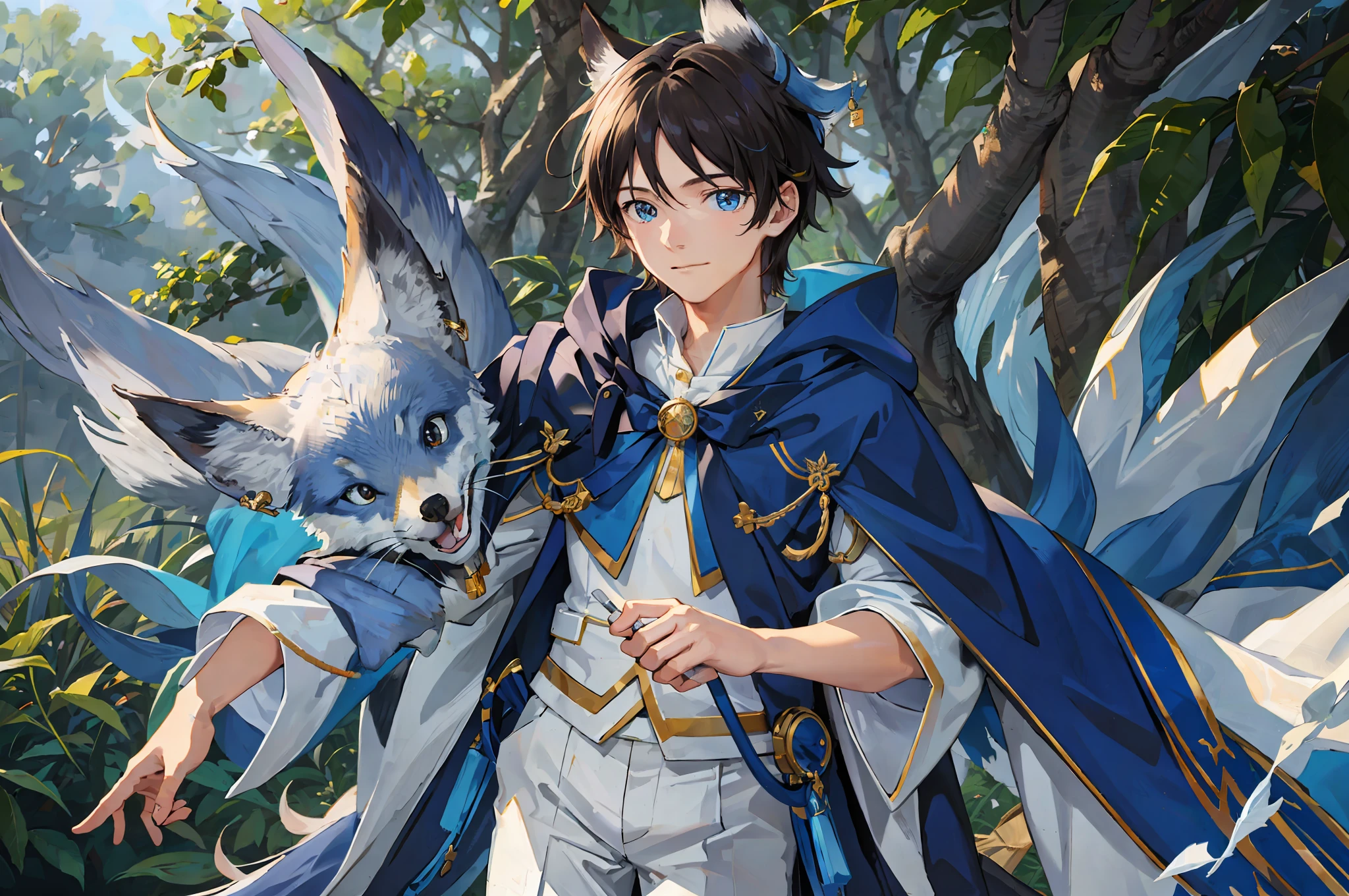 (masterpiece), (best quality), hdr, realistic, sun, in a grove, strong edge of light, beautiful detailed sky, shadow, wallpaper, camera-facing, (Keep medium distance from camera), (child solo boy), adventurous hat, earrings, bow, white shorts, blue with accessories, long capelete, blue cape, brown hair, medium hair, Look close, detailed background, whole body, loose birds "radiant colorful", (super detailed, realistic perfect strokes), ( perfect strokes ultra realistic), (bright blue fox) super well done realistic, boy smiling, happy, background animals, animals look at boy, celestial harmony park, wide view, 8k ultra HD, HDR, "realistic focus"