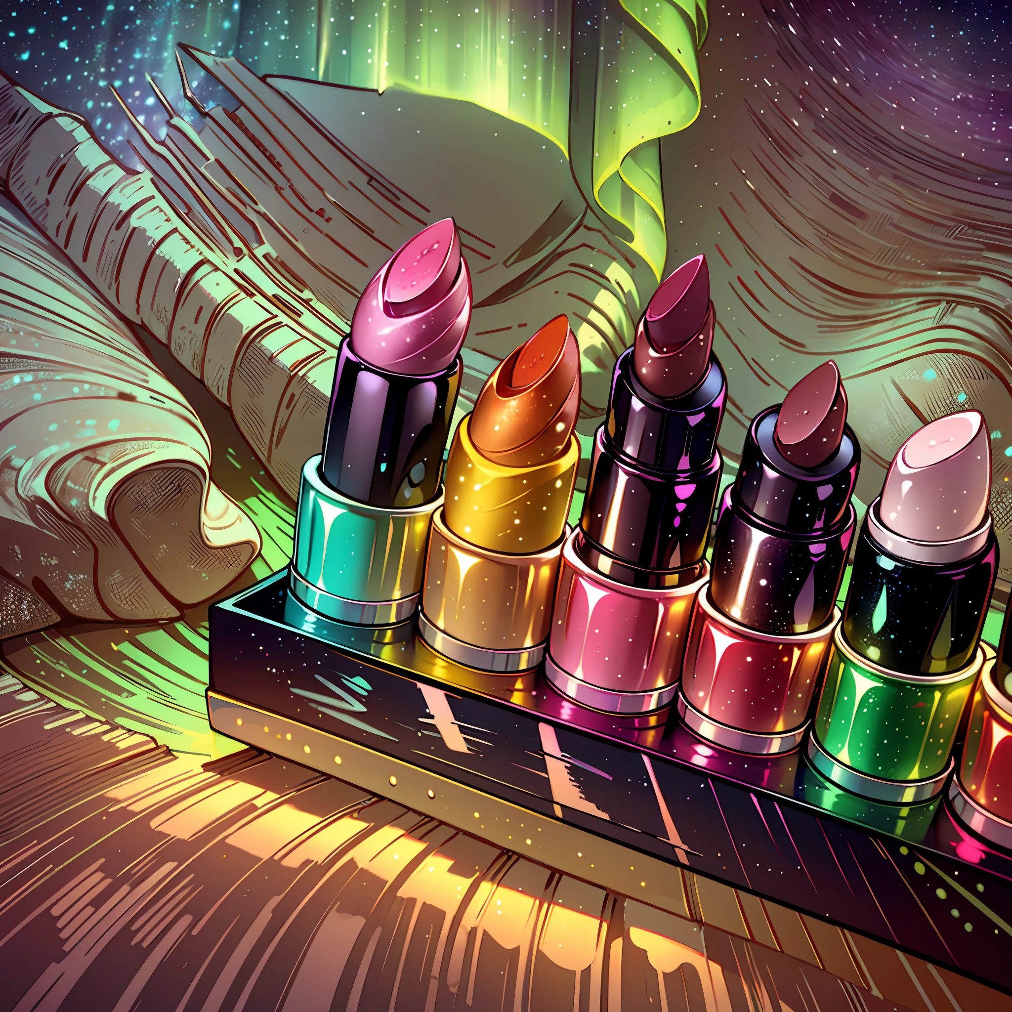 A lipstick product with 4 shades, in the background the aurora borealis, lipstick, makeup, Brazilian woman, apothecary, woman in makeup. --auto --s2