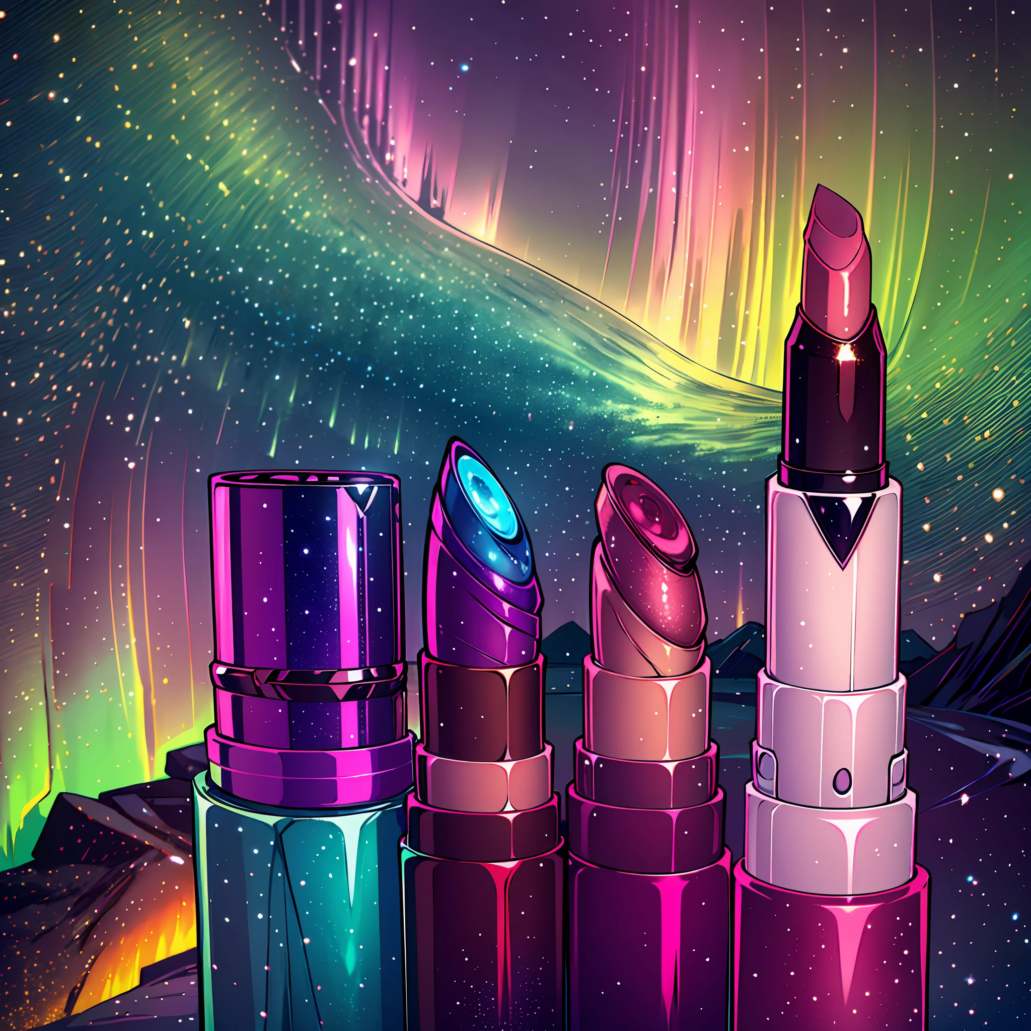 A lipstick product with 4 shades, in the background the aurora borealis, lipstick, makeup, Brazilian woman, apothecary, woman in makeup. --auto --s2