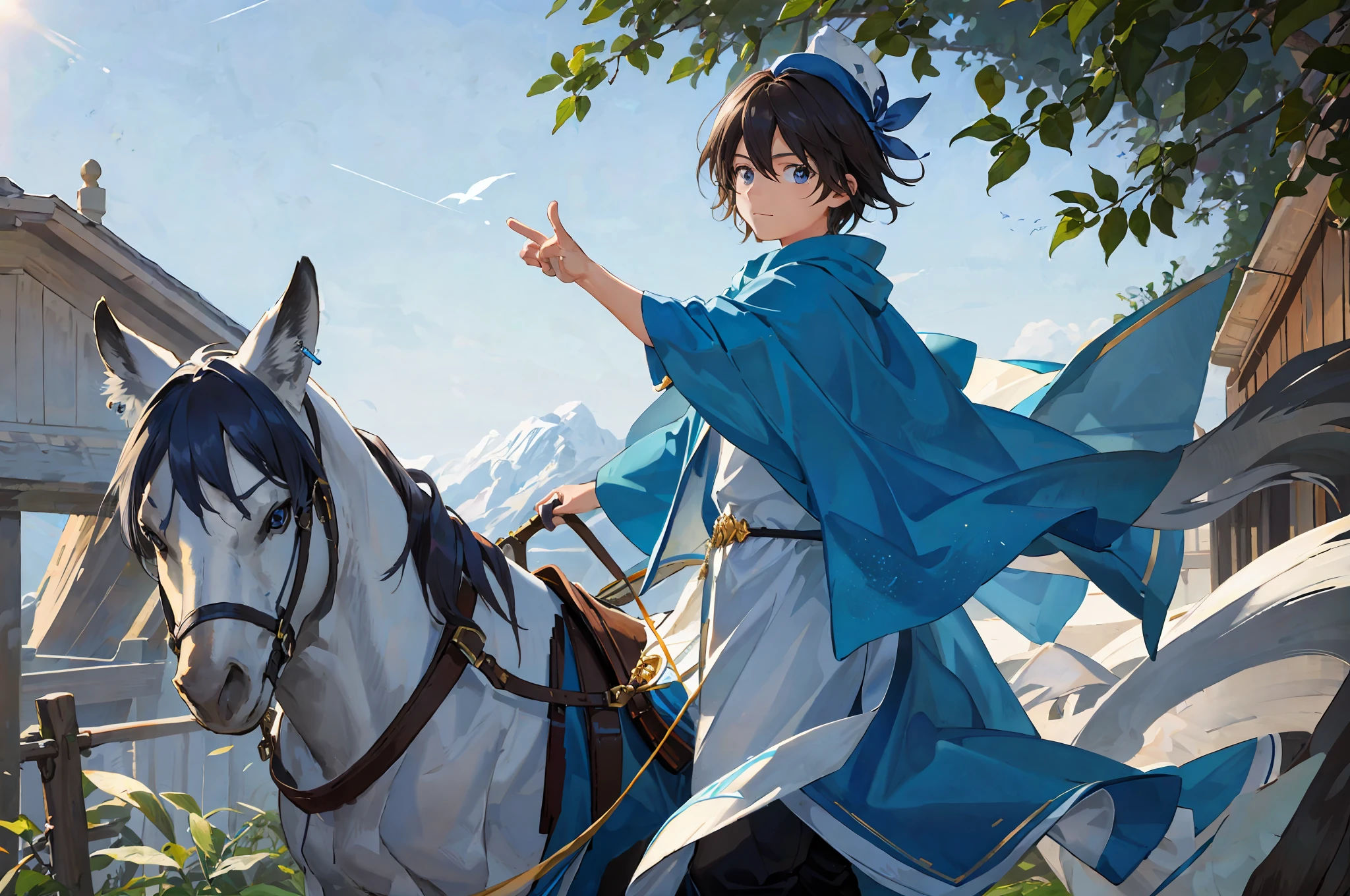 (masterpiece), (best quality), hdr, realistic, sun, in a grove, strong edge of light, beautiful detailed sky, shadow, wallpaper, camera-facing, (Keep medium distance from camera), (child solo boy), adventurous hat, earrings, bow, white shorts, blue with accessories, long capelete, blue cape, brown hair, medium hair, Look close, detailed background, whole body, loose birds "radiant colorful", (super detailed, realistic perfect strokes), ( perfect strokes ultra realistic), (bright blue fox) super well done realistic, boy smiling, happy, background animals, animals look at boy, celestial harmony park, wide view, 8k ultra HD, HDR, "realistic focus"