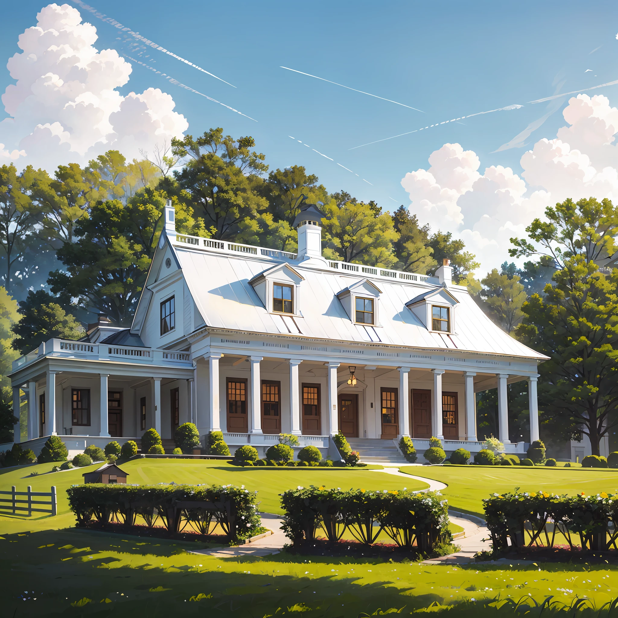 there is a white house with a brown roof and a fence, new england architecture, colonial house in background, house on a hill, farmhouse, in a scenic background, a green, house in forest, next to a farm house and a barn, exterior shot, college, house on background, a quaint, masterpiece fine details, rural splendor, delightful surroundings --auto --s2