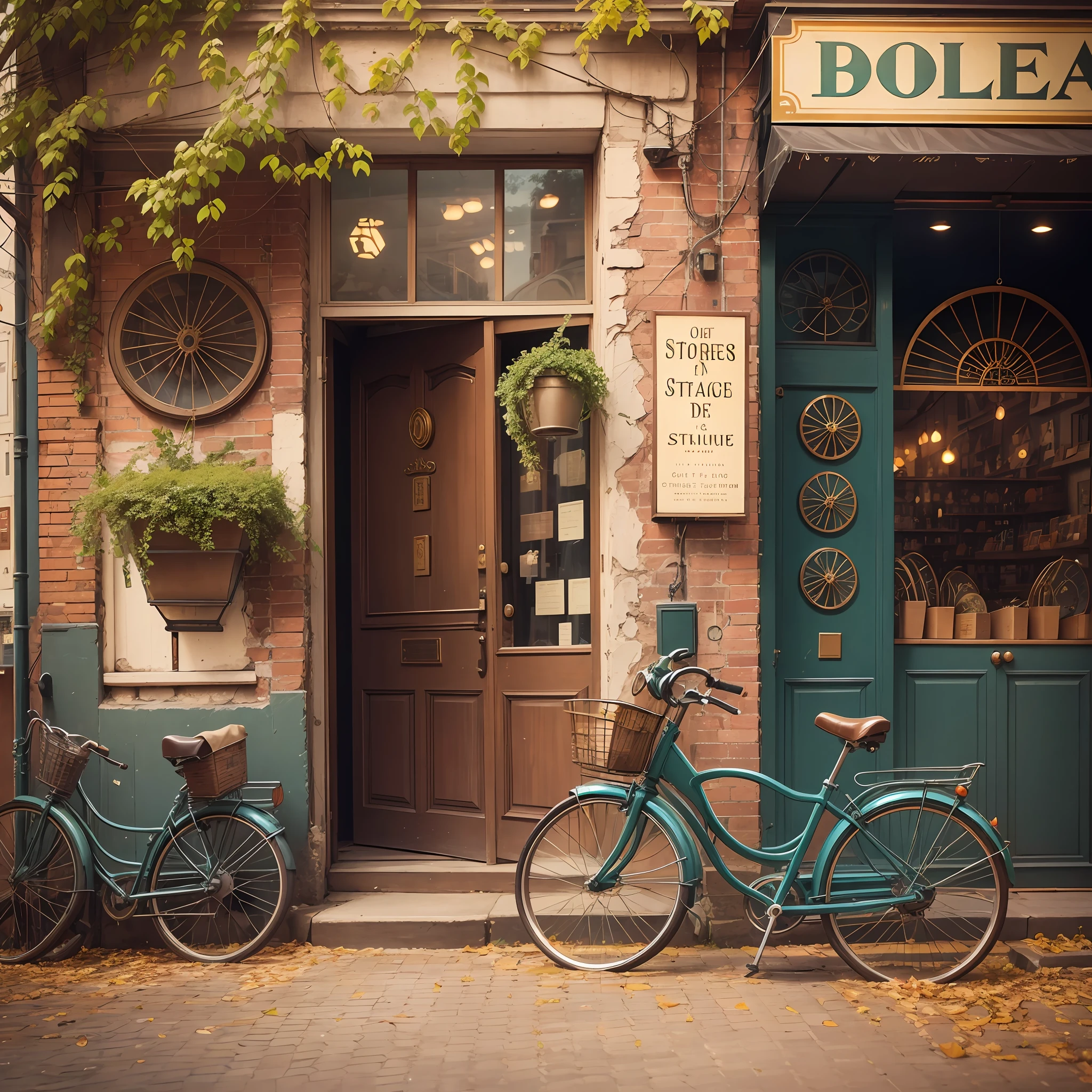 Imagine you're looking at a vintage store, with a storefront full of antiques and curiosities. The art deco sign adds a touch of elegance to the ambiance. In front of the store, an antique bicycle rests against a brick wall, evoking memories of past adventures. Fallen leaves from trees create a golden carpet on the ground, while a playful dog runs after a ball in the street.