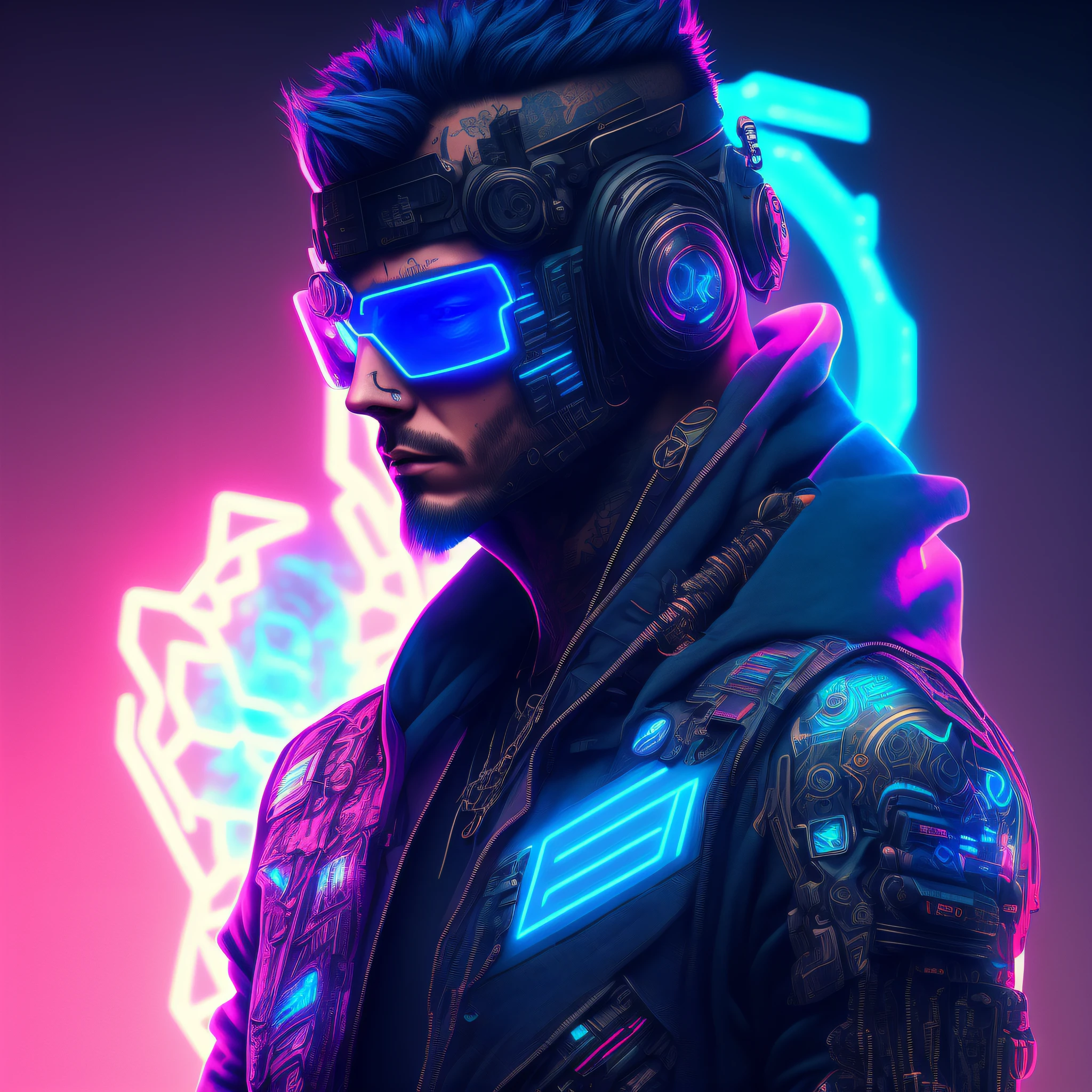 Character, man, blue eyes, neck tattoos, detailed cyberpunk style, futuristic (neon: 1.1) reflective wear, science fiction. artgern, art, illustration, ((dark environment)), ((vegnette)), ((HDR)) ((minimal palette colors)), soft tones, soft colors, faint colors, calm, highly detailed pastel colors, intricate details