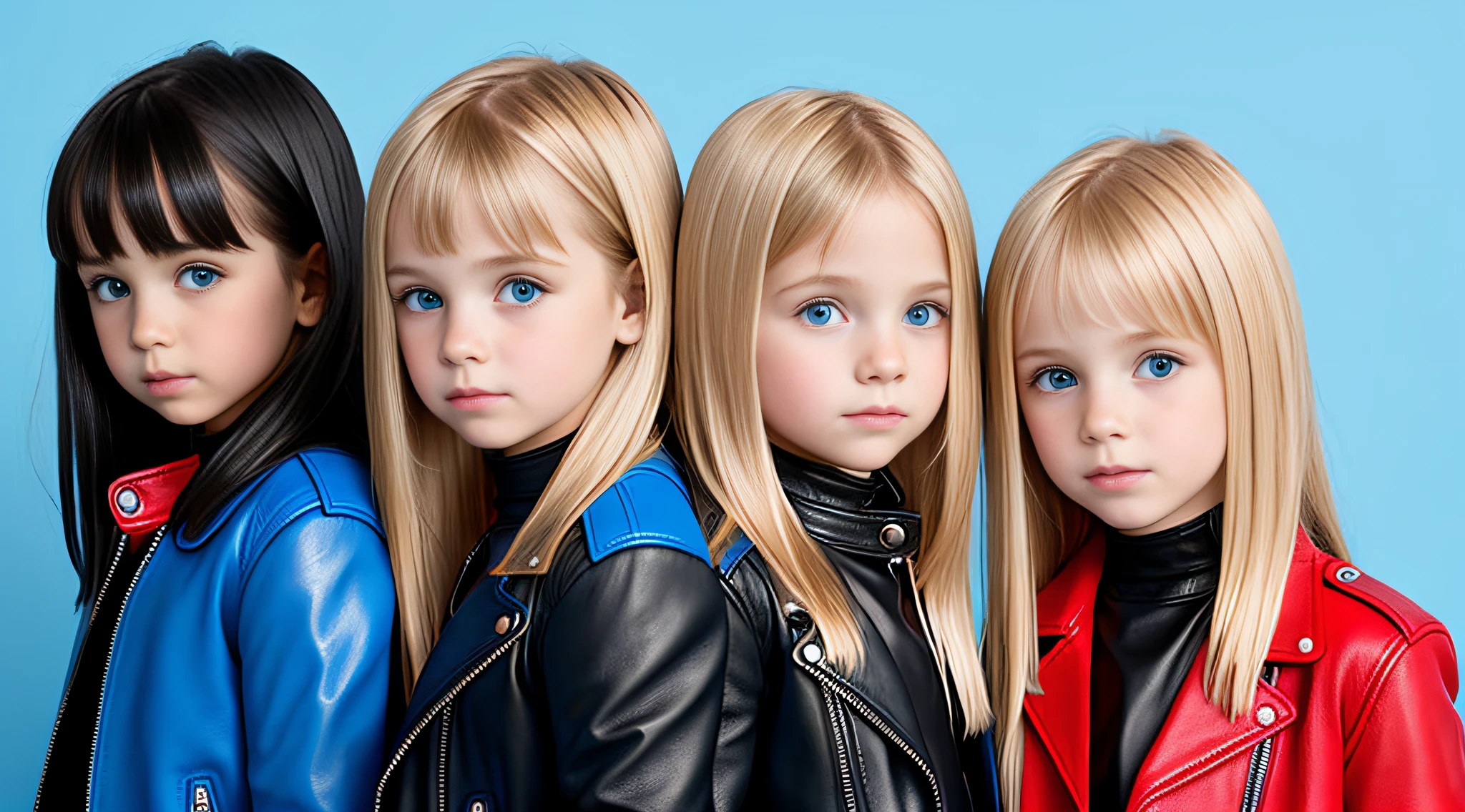 girls blonde children WITH STRAIGHT HAIR, BLUE BACKGROUND . Red leather jacket and black clothing. .
