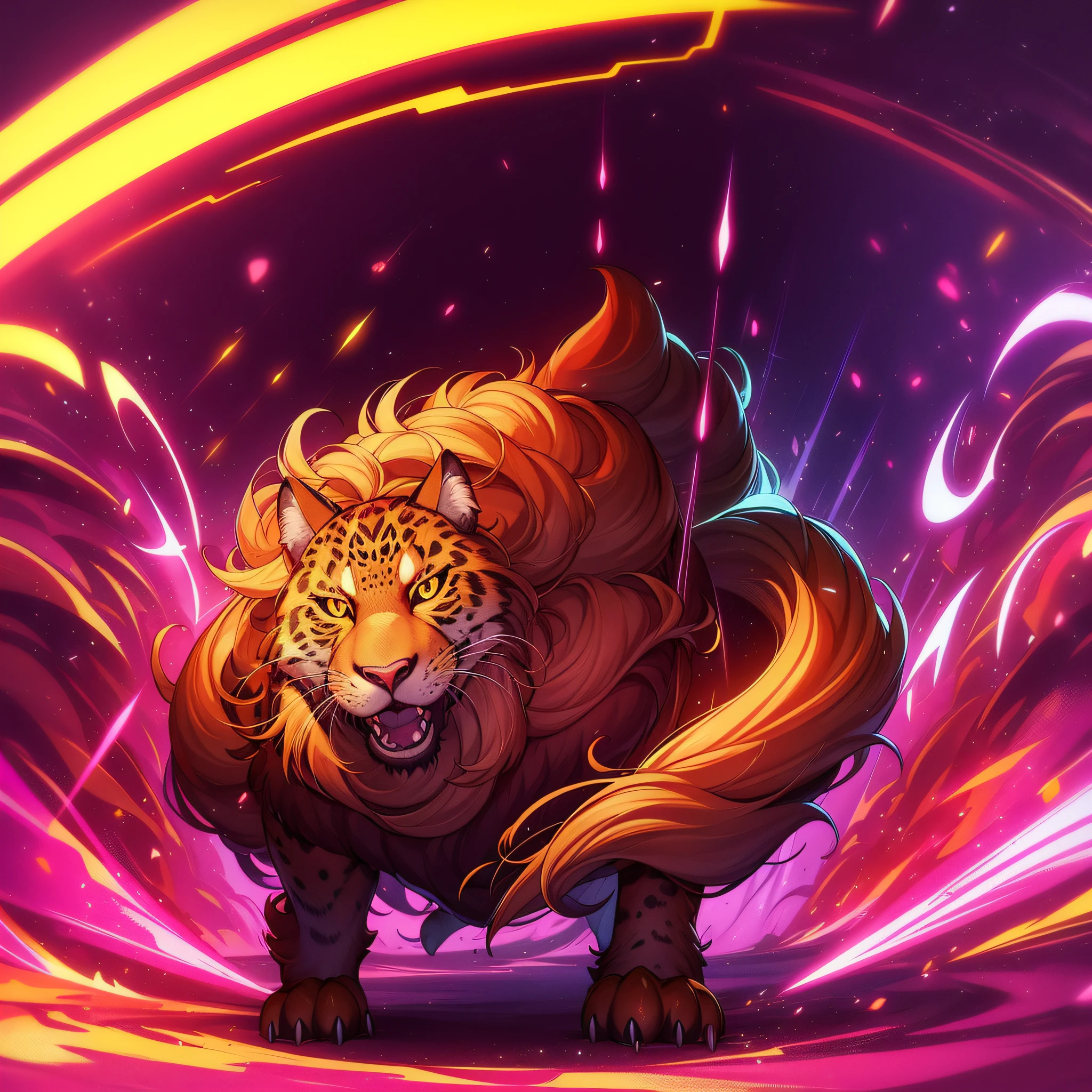 Jaguar, golden fur, silver spots, running gracefuly, thunderbolts erupting from it's fur, masterpiece, best quality ((In Synthwave Aesthetic Style))