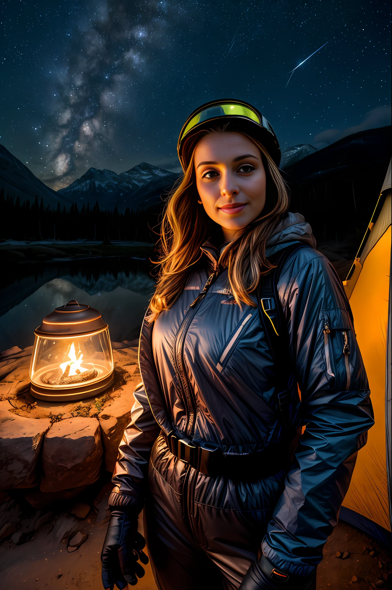 1 woman ((upper body selfie, happy)), masterpiece, best quality, ultra-detailed, solo, outdoor, (night), mountains, alien planet, (stars, moon, nebulae) cheerful, happy, backpack, sleeping bag, camping stove, water bottle, astronaut boots, gloves, blouse, helmet with visor, neon lantern, mythical forest, bright stones, river reflecting starry sky, wood, smoke, shadows, contrast, starry clear sky, style, (warm hue, warm tone): 1.2), close-up, cinematic light, side lighting, ultra high resolution, best shadow, RAW, upper body, mature woman, pullover wearing
