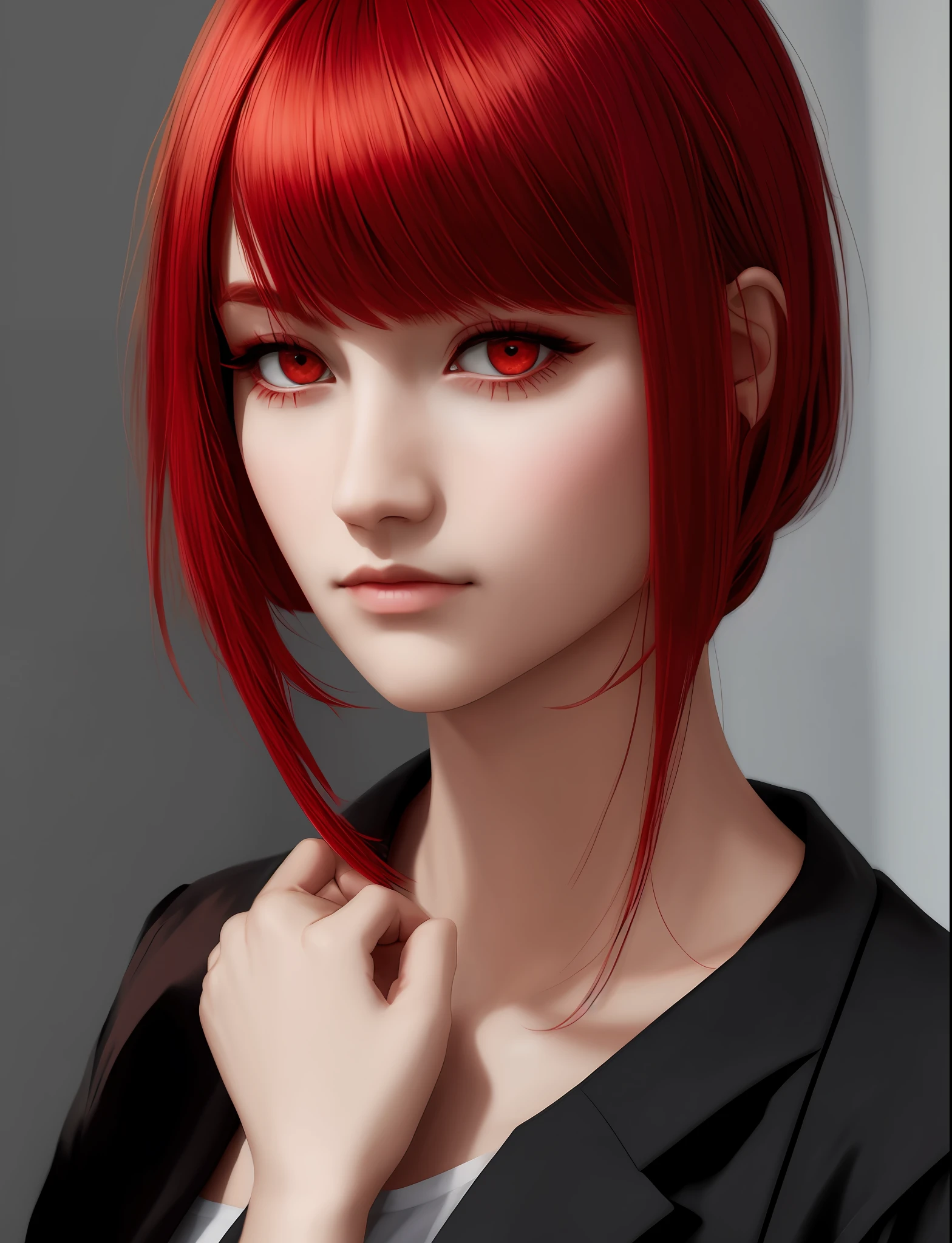 Girl, red hair, bob hairstyle with bangs, tired look, dark makeup, shirt with black jacket, red eyes, dark lighting, half-closed eyes