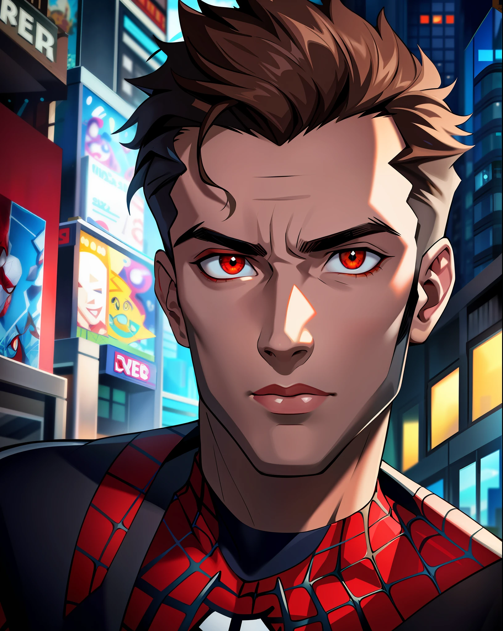 spider suit, spider web print, spider web, spider-man
Masterpiece, absurd, fine details, HDR, ((highly detailed face and eyes)), photorealistic,
focus on the eyes,
standing on the roof of a skyscraper, ((without mask)), looking at the viewer, short brown hair,