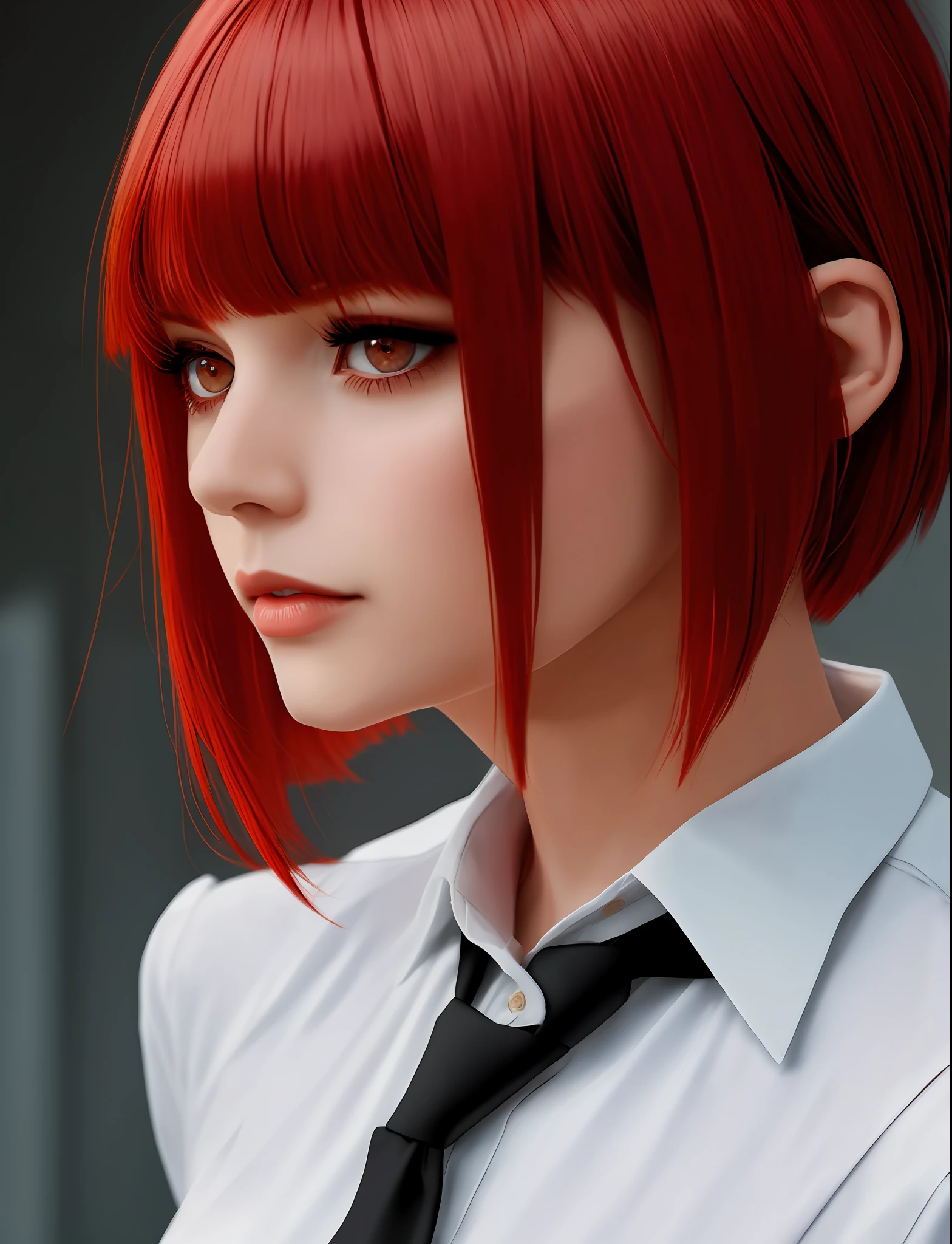Girl, red hair, bob hairstyle with bangs, indifferent look, dark makeup, shirt with tie, red eyes