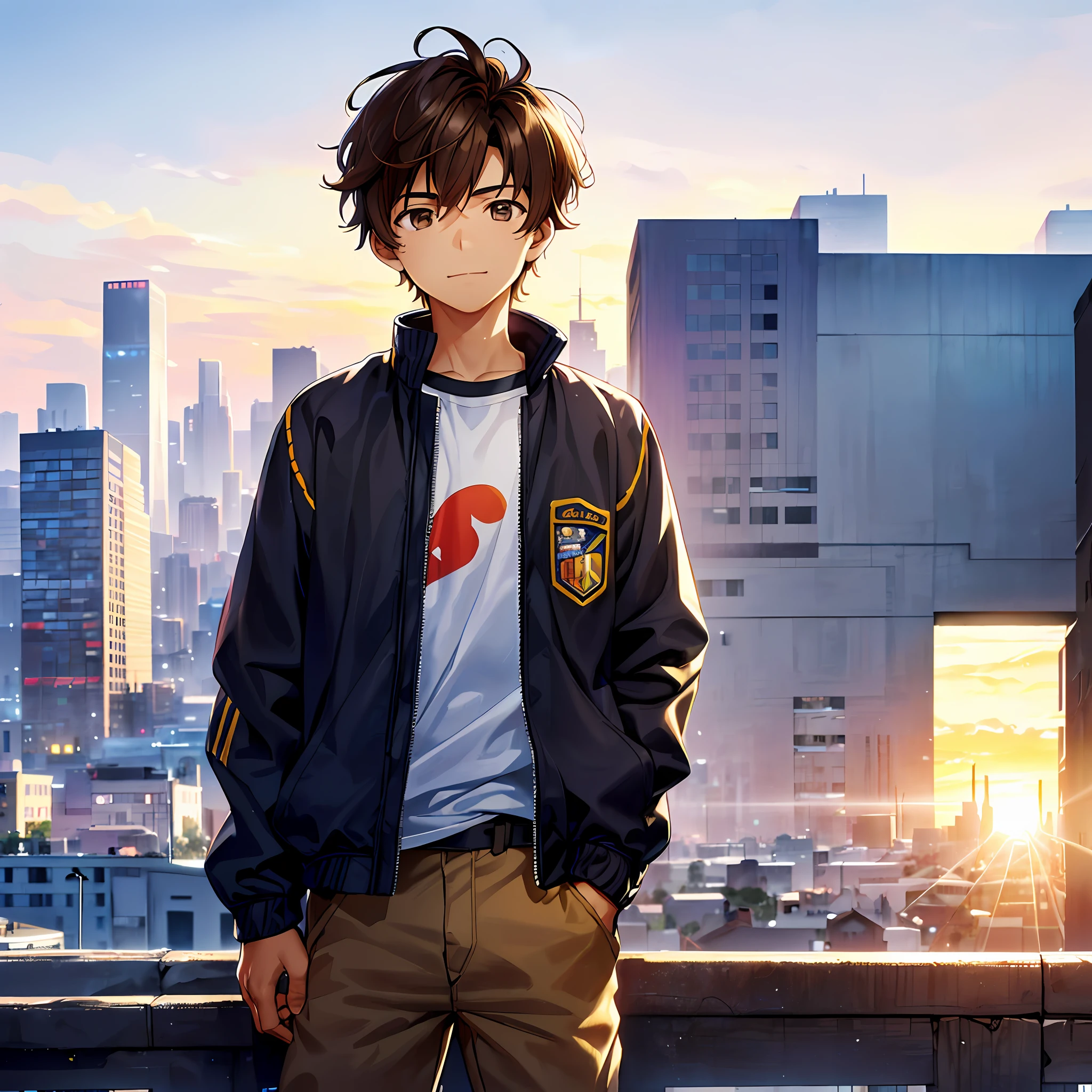 ((15-year-old boy)), colorful, ((masterpiece)), ((background city with sunset and bokeh effect)), ((ultra-detailed)), pixiv, (realistic shadow), (realistic lighting), better lighting, better quality, fanart, ray of light, 1 boy, ((urban clothing)), full view of the face, alone, ((brown eyes)), ((short brown hair)), ((white shirt)), ((black and blue jacket)), upper body, looking at the viewer,  mouth closed, ((slight smile on face)), with his hands in his pants pocket