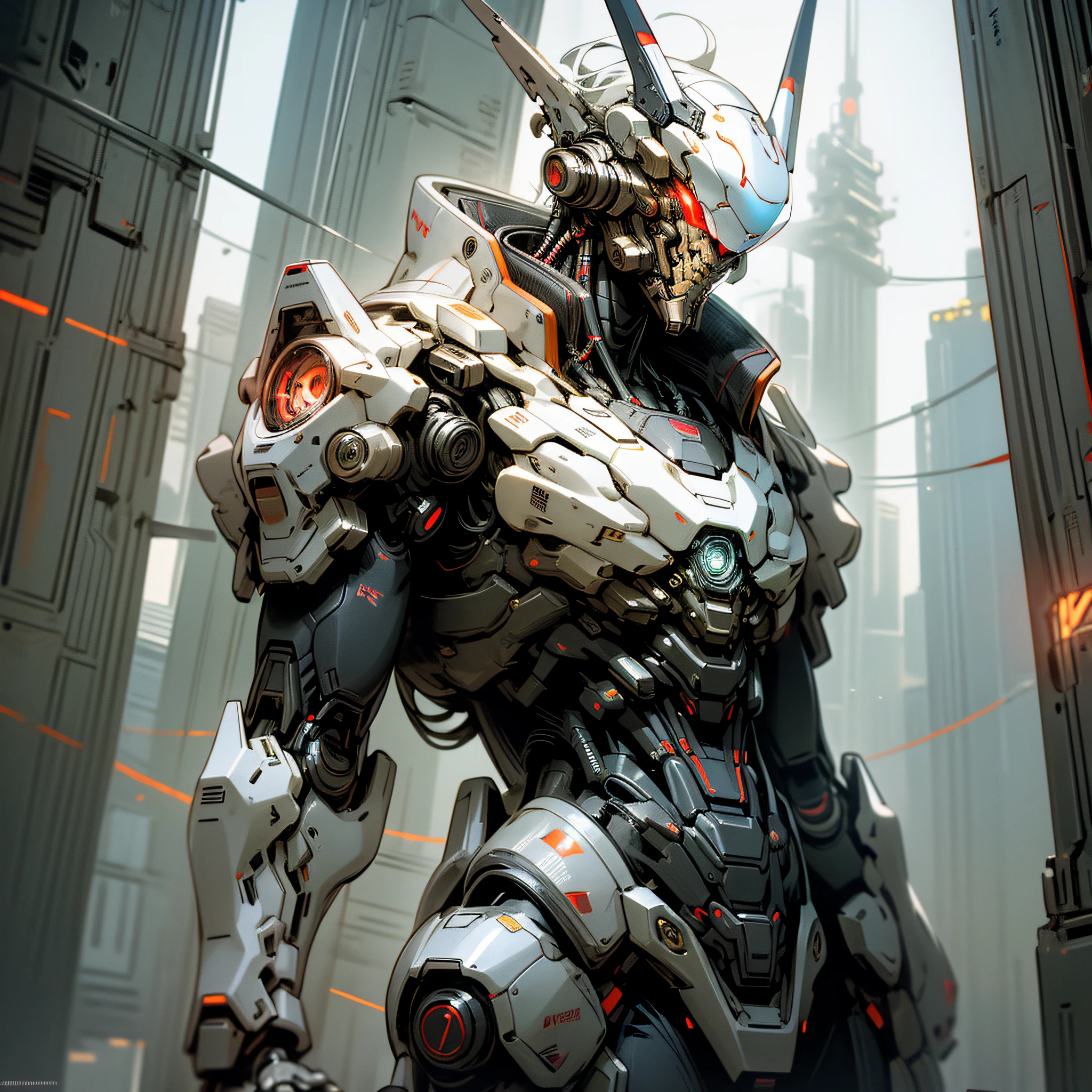 Dark_Fantasy,Cyberpunk, (Best quality, Masterpiece),(Red:1.1),white,1man,Mechanical marvel,Robotic presence,Cybernetic guardian,wearing a cybernetic jacket,city, highest quality digital art, Stunning art, wallpaper 4k, highly detailed