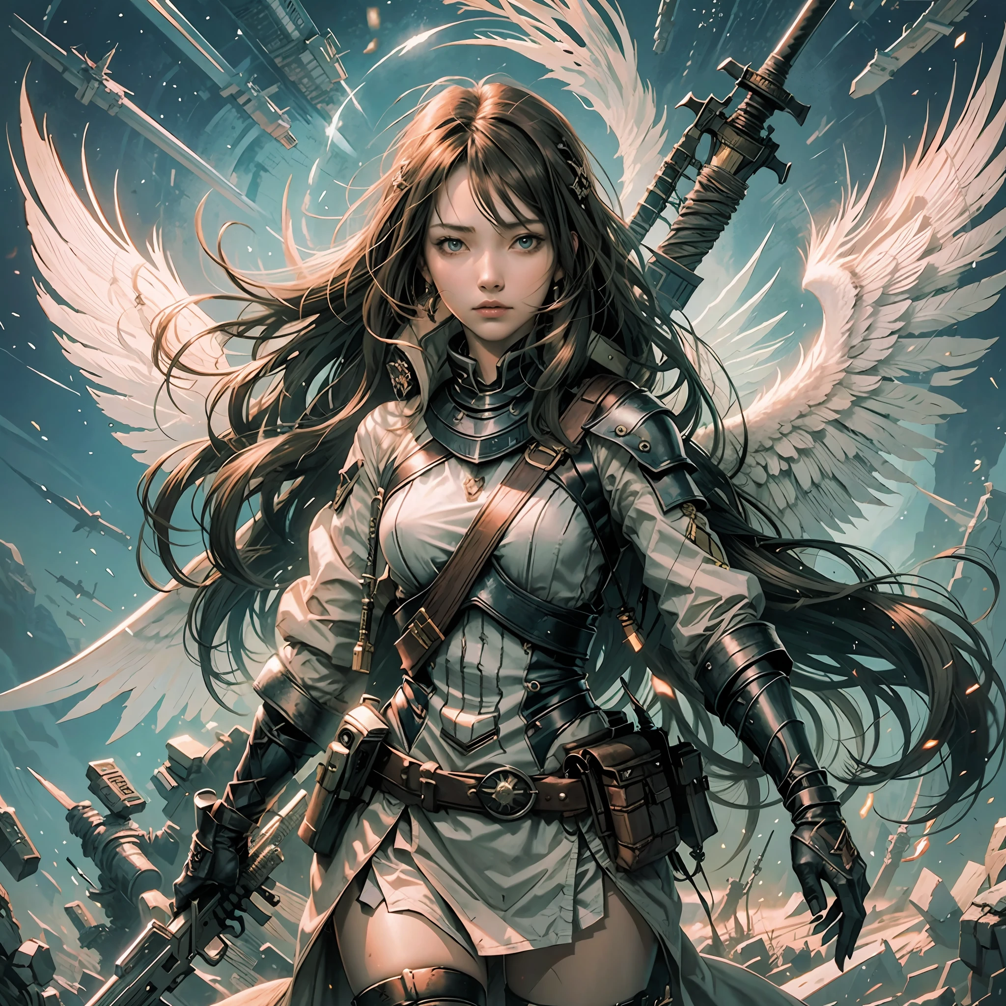 Sword/rifle, woman, angel, wings, eyes in chas, furious, slender, long hair, full hair, brown hair, suberant --auto --s2