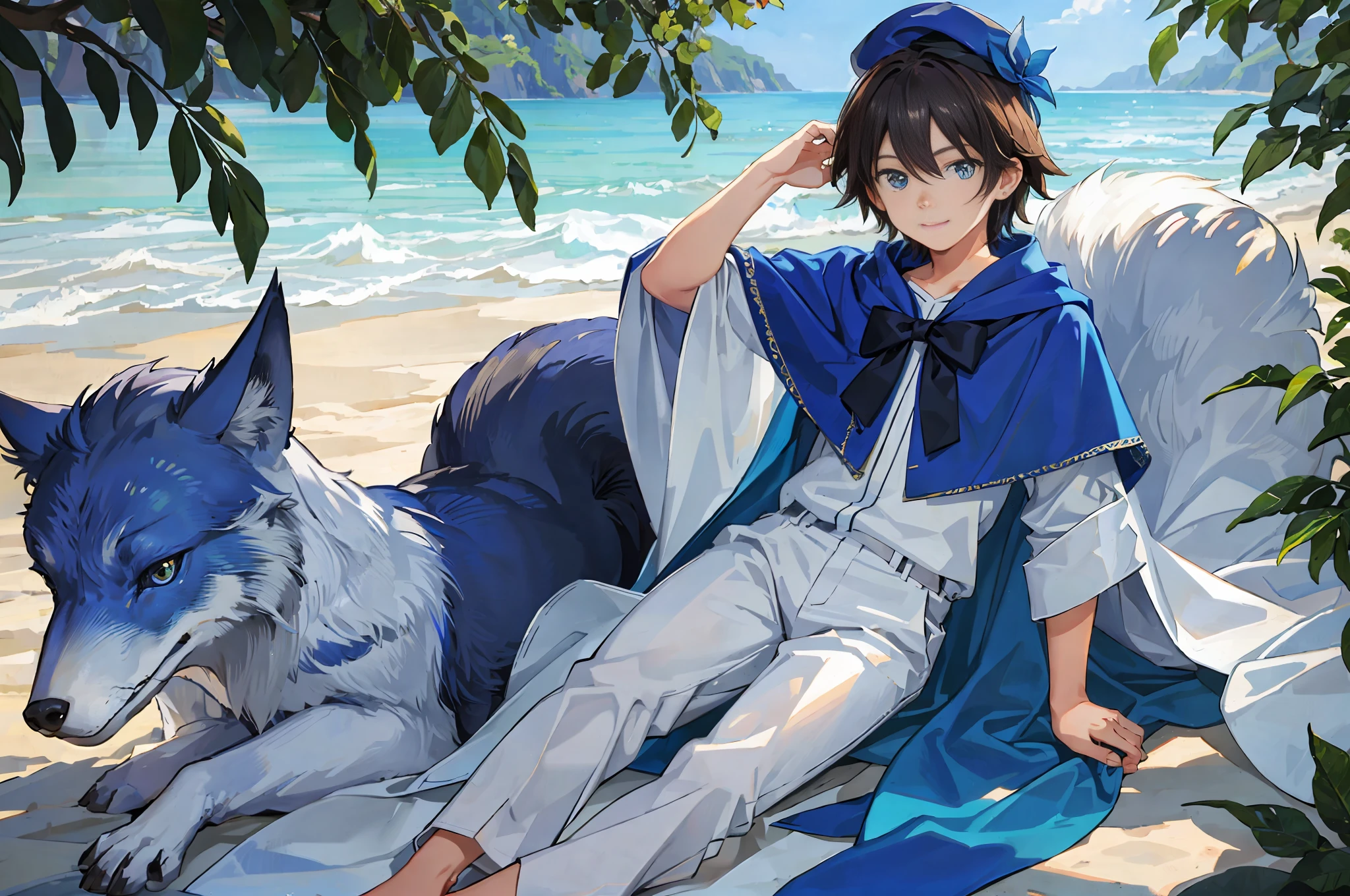 (masterpiece), (best quality), hdr, realistic, sun, in a grove, strong edge of light, beautiful detailed sky, shadow, wallpaper, camera-facing, (Keep medium distance from camera), (child solo boy), adventurous hat, earrings, bow, white shorts, blue with accessories, long capelete, blue cape, brown hair, medium hair, Look close, detailed background, whole body, loose birds "radiant colorful", (super detailed, realistic perfect strokes), ( perfect strokes ultra realistic), (bright blue fox) super well done realistic, boy smiling, happy, background animals, animals look at boy, celestial harmony park, wide view, 8k ultra HD, HDR, "realistic focus"
