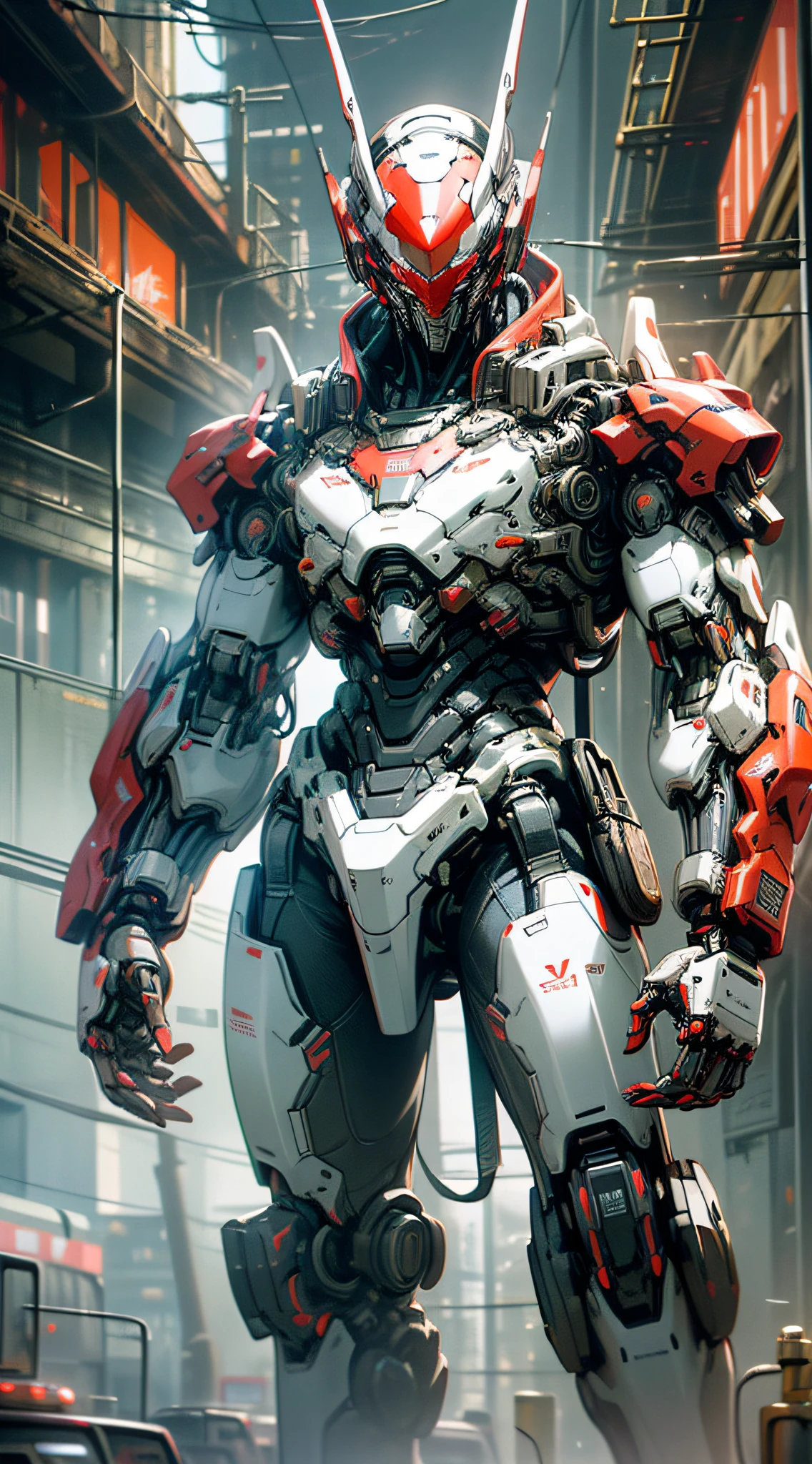 Dark_Fantasy,Cyberpunk, (Best quality, Masterpiece),(Red:1.1),white,1man,Mechanical marvel,Robotic presence,Cybernetic guardian,wearing a cybernetic jacket,city, highest quality digital art, Stunning art, wallpaper 4k, highly detailed