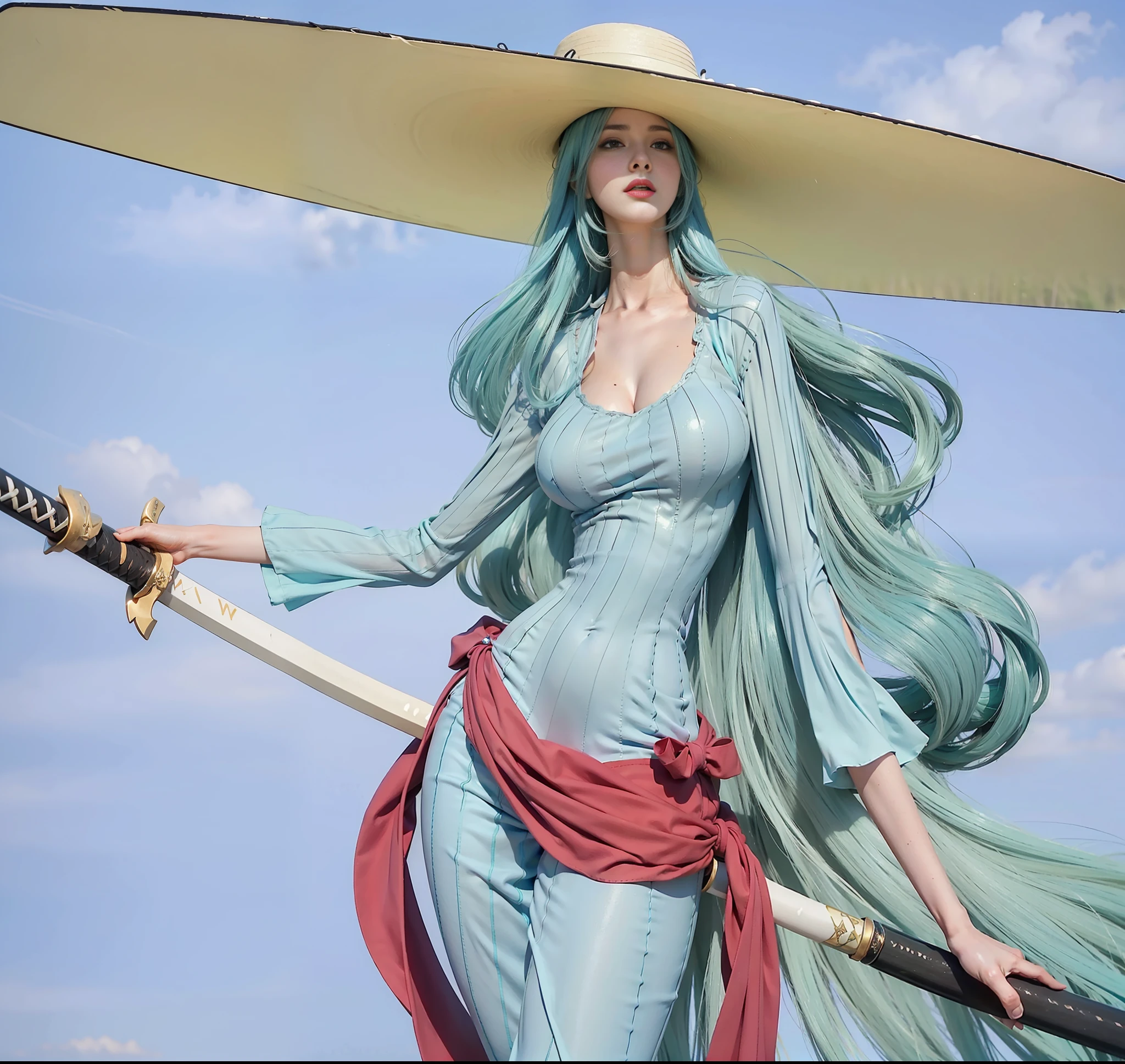 (female:1.2) (bodybuilder:0.8), masterpiece, photorealistic, 1girl, aqua hair, long hair, holding katana, white skin, large breasts, big hat, long neck