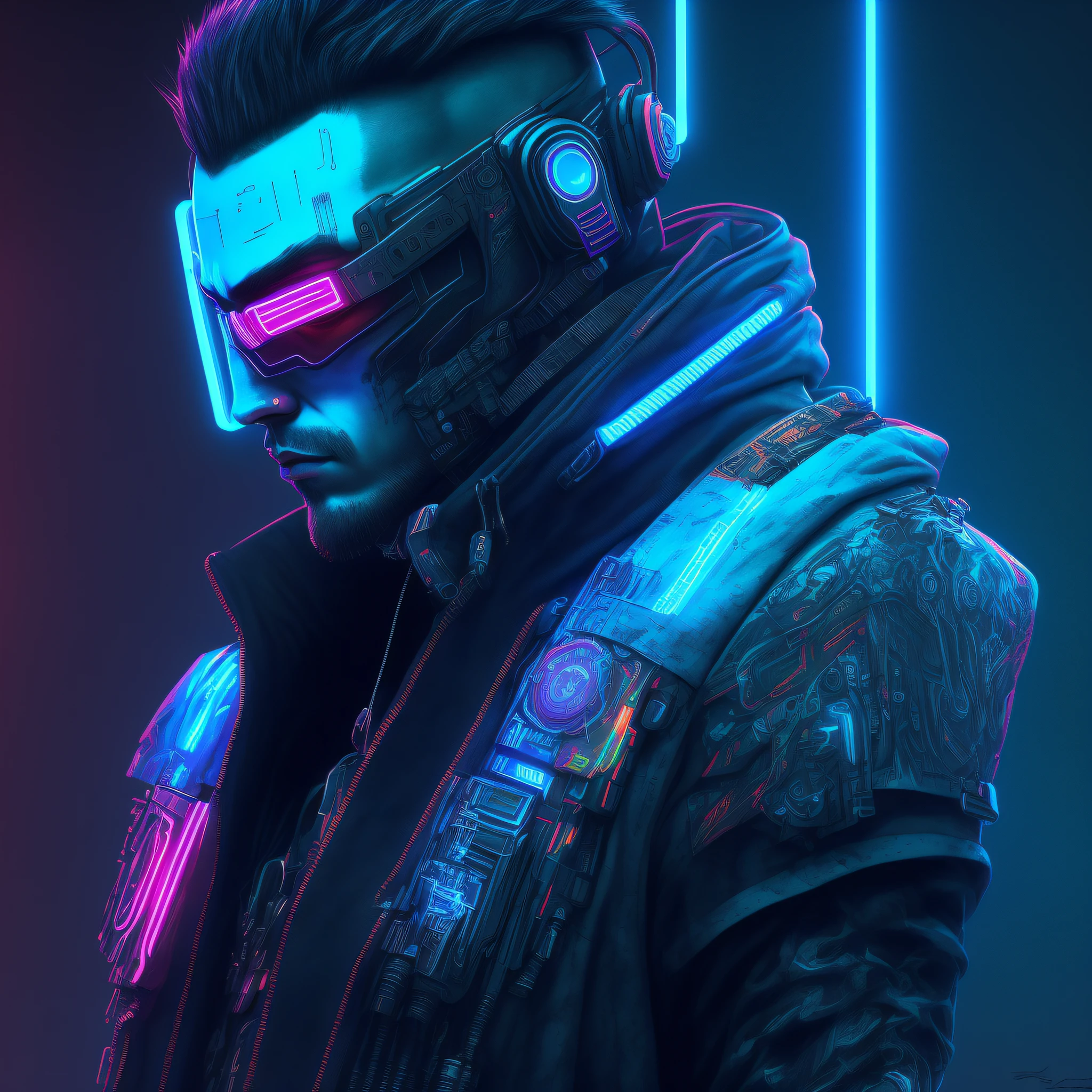 Character, man, blue eyes, neck tattoos, detailed cyberpunk style, futuristic (neon: 1.1) reflective wear, science fiction. artgern, art, illustration, ((dark environment)), ((vegnette)), ((HDR)) ((minimal palette colors)), soft tones, soft colors, faint colors, calm, highly detailed pastel colors, intricate details