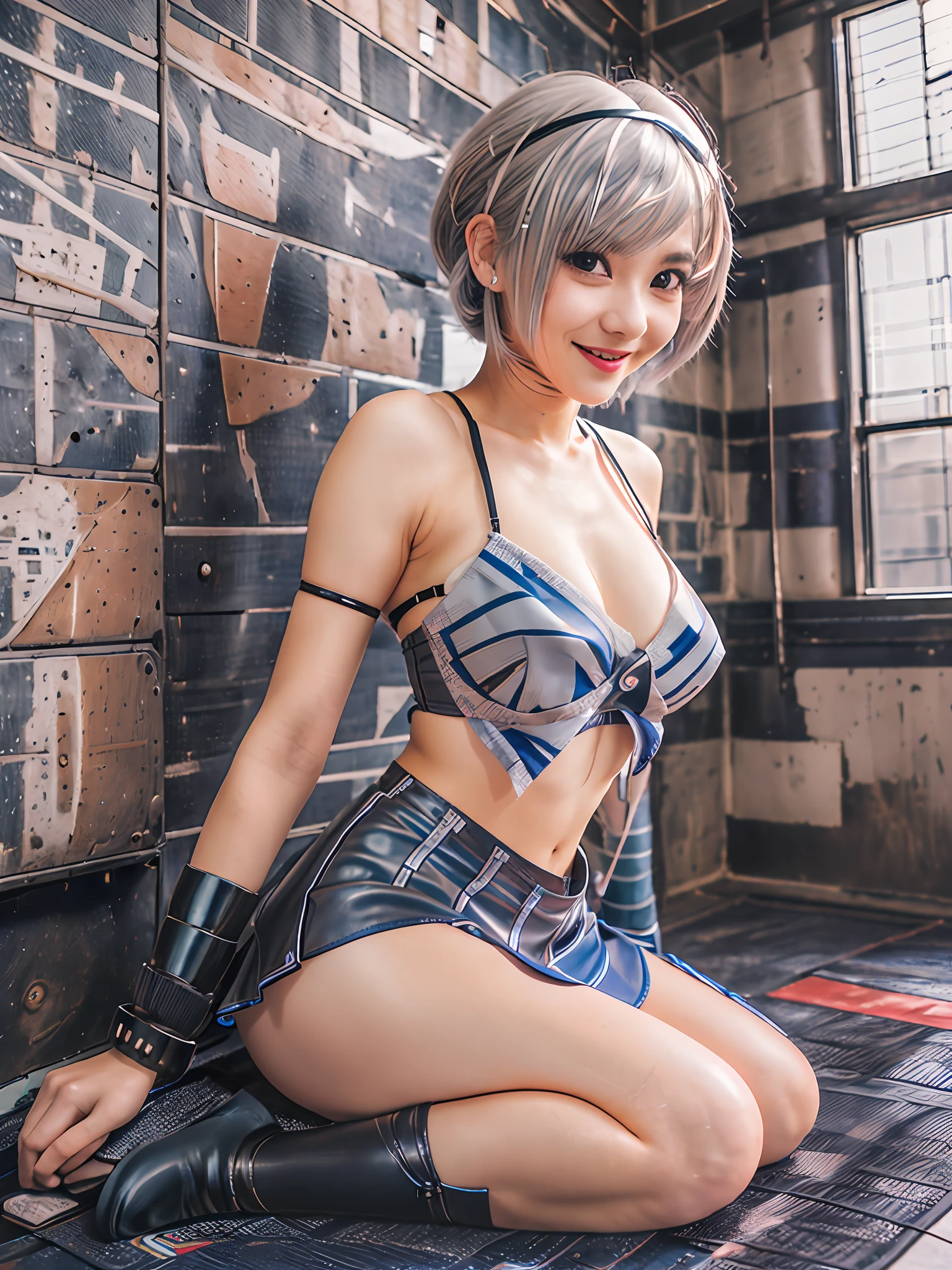 Kneeling, Lots of lashes, Photo, Short hair, Silver hair with blue tips, Mini skirt white, Bra black, Knee high socks, Slender, Smile, Realistic, Real, Sexy, Photo, Photos, Pictures, Japan people, 20s, Energetic, Shrimp warped, Sexy, Touching breasts,