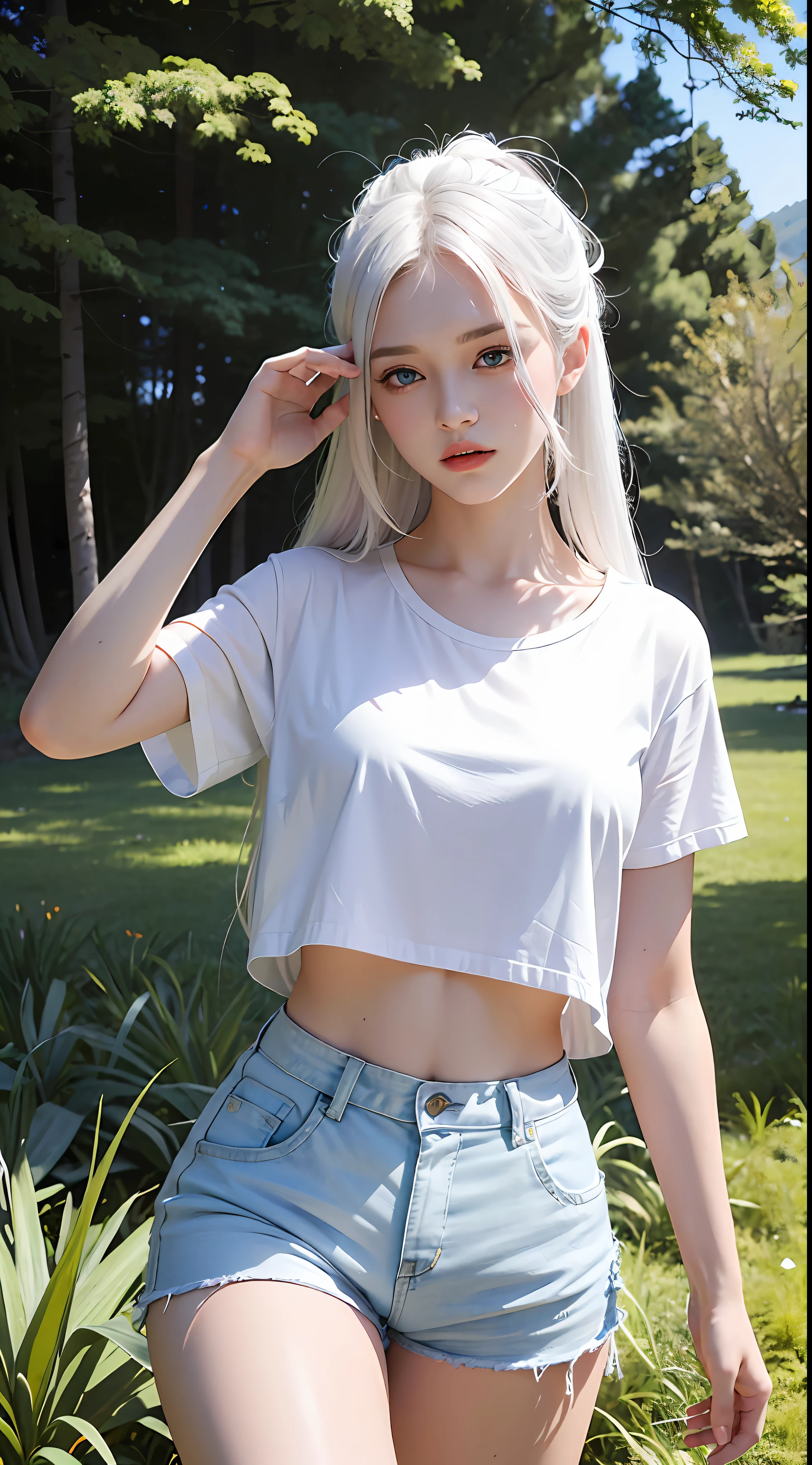 Superior Quality, Masterpiece, Ultra High Resolution, (Photorealistic: 1.4), Raw Photo, Deep Shadows ,realistic photo, high resolution, 1 girl, white hair, Korean, blue eyes, white shirt, tight black shorts, square, grass, trees