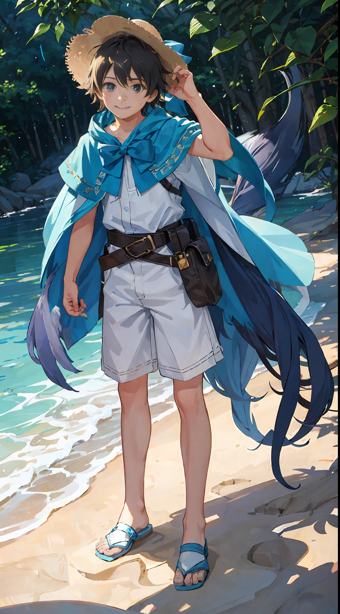 (masterpiece), (best quality), hdr, realistic, sun, in a grove, strong edge of light, beautiful detailed sky, shadow, wallpaper, camera-facing, (Keep medium distance from camera), ( solo boy), adventurous hat, earrings, bow, white shorts, blue with accessories, long capelete, blue cape, brown hair, medium hair, Look close, detailed background, whole body, loose birds "radiant colorful", (super detailed, realistic perfect strokes), ( perfect strokes ultra realistic), (bright blue fox) super well done realistic, boy smiling, happy, background animals, animals look at boy, celestial harmony park, wide view, 8k ultra HD, HDR, "realistic focus"