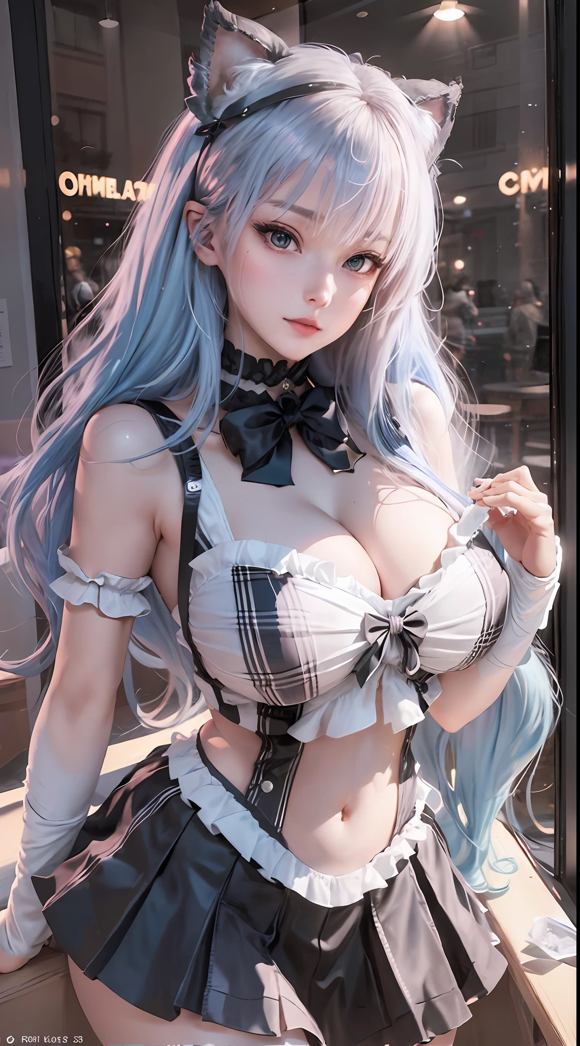 maid cafe, stockings, cat ears, (maid costume:1.2), service coffee, bring coffee, choker, bowtie, (pleated skirt:1.3) , lora:shirtliftALORAFor_shirtliftv1:1.5, lora:breastinclassBetter_v141:.5 , extremely detailed eyes, extremely detailed face, cute, (photorealistic:1.3), sexy lips, seductive smile, double eyelids, eyelashes, pale skin, perky breasts, full body portrait, textured skin, 4K, RAW, best quality, sharp, hyper realistic, tall, (long slim legs:1.2), (thigh gap:1.2), blush, delicate and beautiful girl, 1girl, solo, (stunningly attractive:1.3), (dramatic:1.2),(masterpiece, best quality, ultra detailed, 8k, RAW photo:1.2), (Unreal Engine, photorealistic:1.1), (beautiful detailed face, a photography of a beautiful girl), (cowboy shot:1.2), (looking at the camera:1.1) BREAK (1girl), (full body:1.2), (beautiful hair), (extremely detailed CG unity 8k wallpaper of a girl with kawaii hairstyle and white marble glowing skin and perfect symmetrical pretty face:1.3), (blue hair:1.3), (sad:1.2), soft light, (over ************, under 20 years old:1.2) BREAK ), gigantic breasts from azur_lane, (cleavage:1.2), (sexual pose:1.3) BREAK (on the coffee shop:1.3), (see the persons:1.2), (looking from behind:1.2), taken by Canon EOS, SIGMA Art Lens 35mm F1.4, ISO 200 Shutter Speed 2000