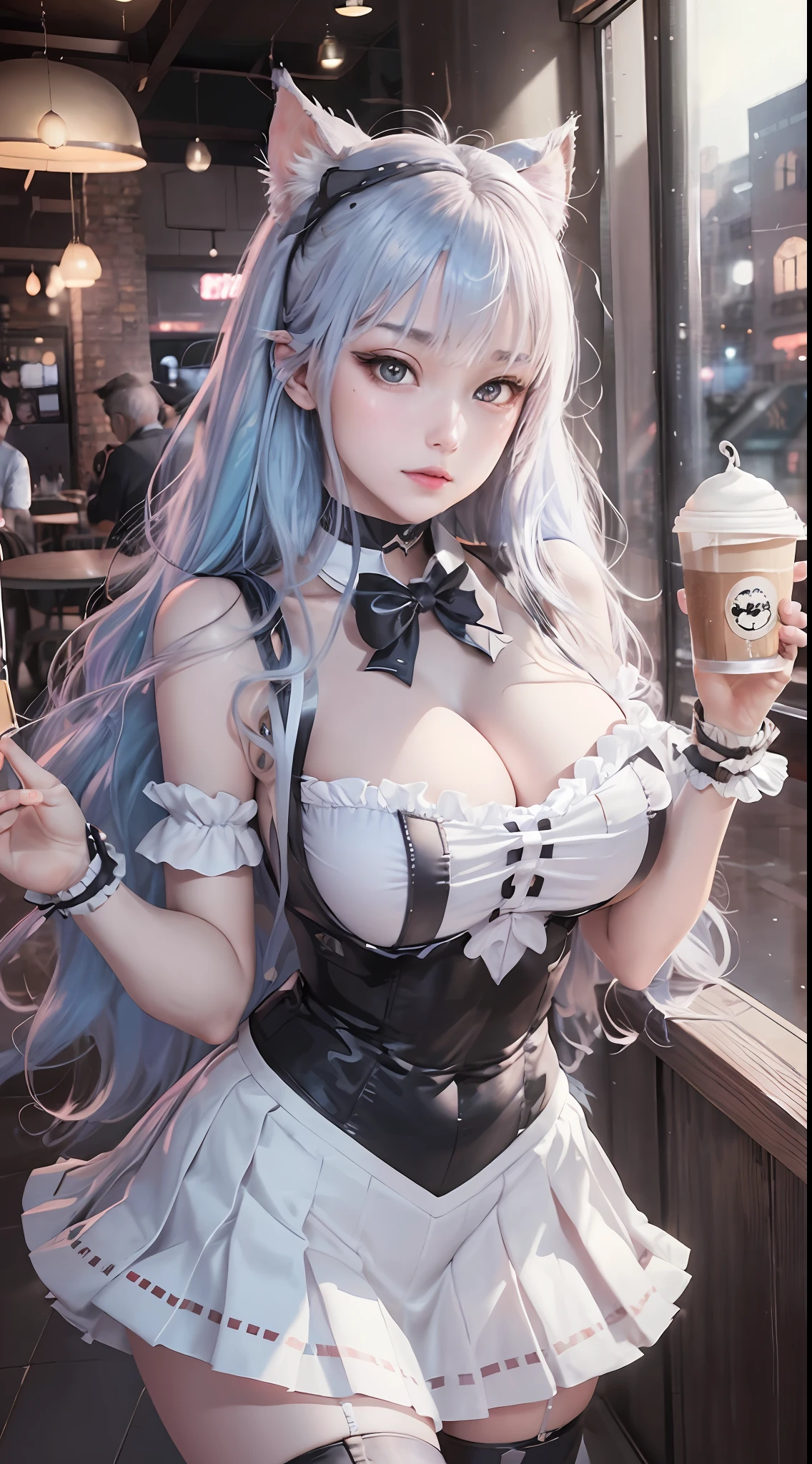 maid cafe, stockings, cat ears, (maid costume:1.2), service coffee, bring coffee, choker, bowtie, (pleated skirt:1.3) , lora:shirtliftALORAFor_shirtliftv1:1.5, lora:breastinclassBetter_v141:.5 , extremely detailed eyes, extremely detailed face, cute, (photorealistic:1.3), sexy lips, seductive smile, double eyelids, eyelashes, pale skin, perky breasts, full body portrait, textured skin, 4K, RAW, best quality, sharp, hyper realistic, tall, (long slim legs:1.2), (thigh gap:1.2), blush, delicate and beautiful girl, 1girl, solo, (stunningly attractive:1.3), (dramatic:1.2),(masterpiece, best quality, ultra detailed, 8k, RAW photo:1.2), (Unreal Engine, photorealistic:1.1), (beautiful detailed face, a photography of a beautiful girl), (cowboy shot:1.2), (looking at the camera:1.1) BREAK (1girl), (full body:1.2), (beautiful hair), (extremely detailed CG unity 8k wallpaper of a girl with kawaii hairstyle and white marble glowing skin and perfect symmetrical pretty face:1.3), (blue hair:1.3), (sad:1.2), soft light, (over , under 20 years old:1.2) BREAK ), gigantic breasts from azur_lane, (cleavage:1.2), (sexual pose:1.3) BREAK (on the coffee shop:1.3), (see the persons:1.2), (looking from behind:1.2), taken by Canon EOS, SIGMA Art Lens 35mm F1.4, ISO 200 Shutter Speed 2000