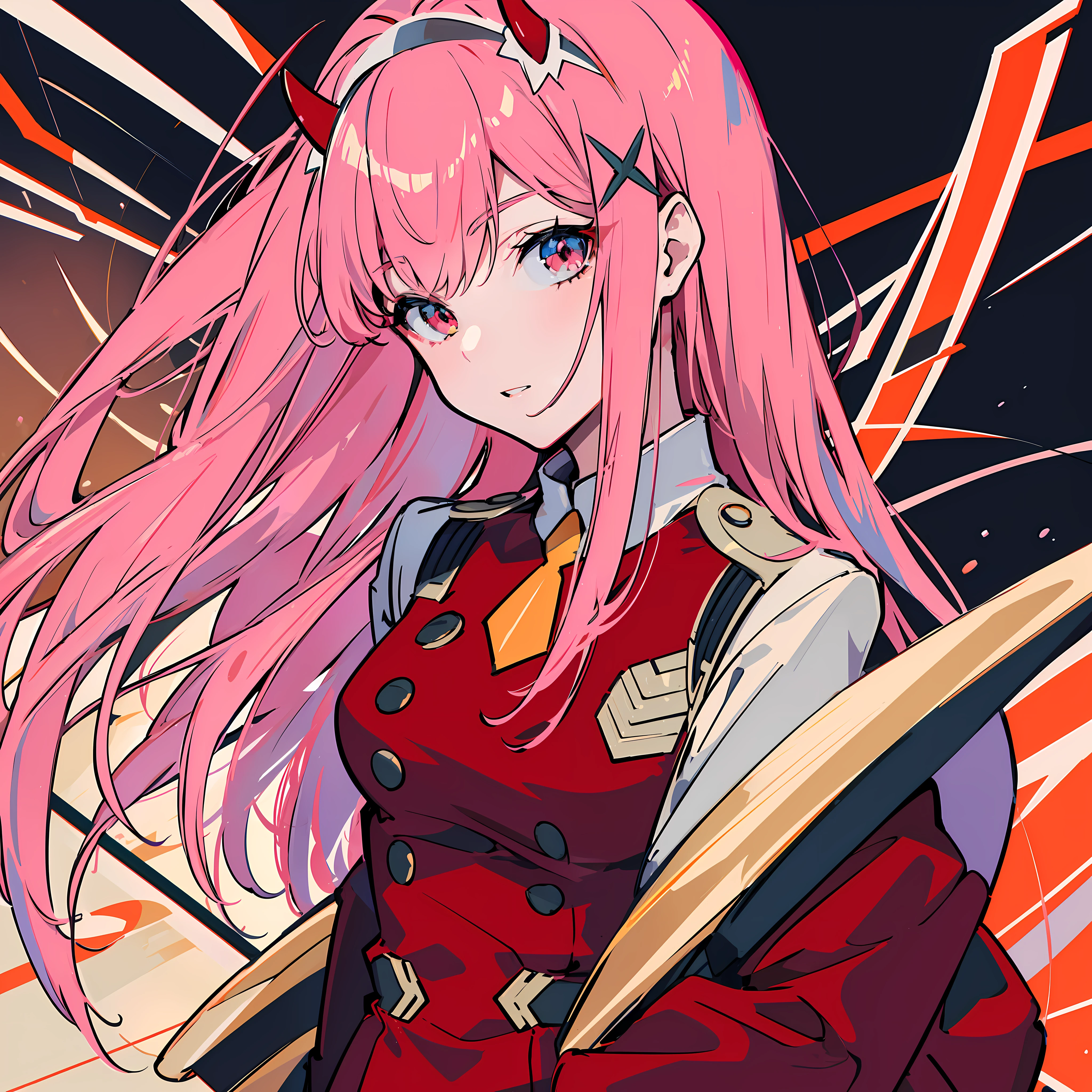 (masterpiece), (best quality), (ultra detailed), full body picture of Zero Two, Zero Two \(Darling in the FranXX\), military uniform, pink hair, horns, hair ornament, red horns, oni horns, red military uniform, (((no else))), ((masterpiece, best quality)), perfect lighting, depth of field, masterpiece, best quality, UHD, anatomically correct, high details, highres, 8k, perfect anatomy, accurate