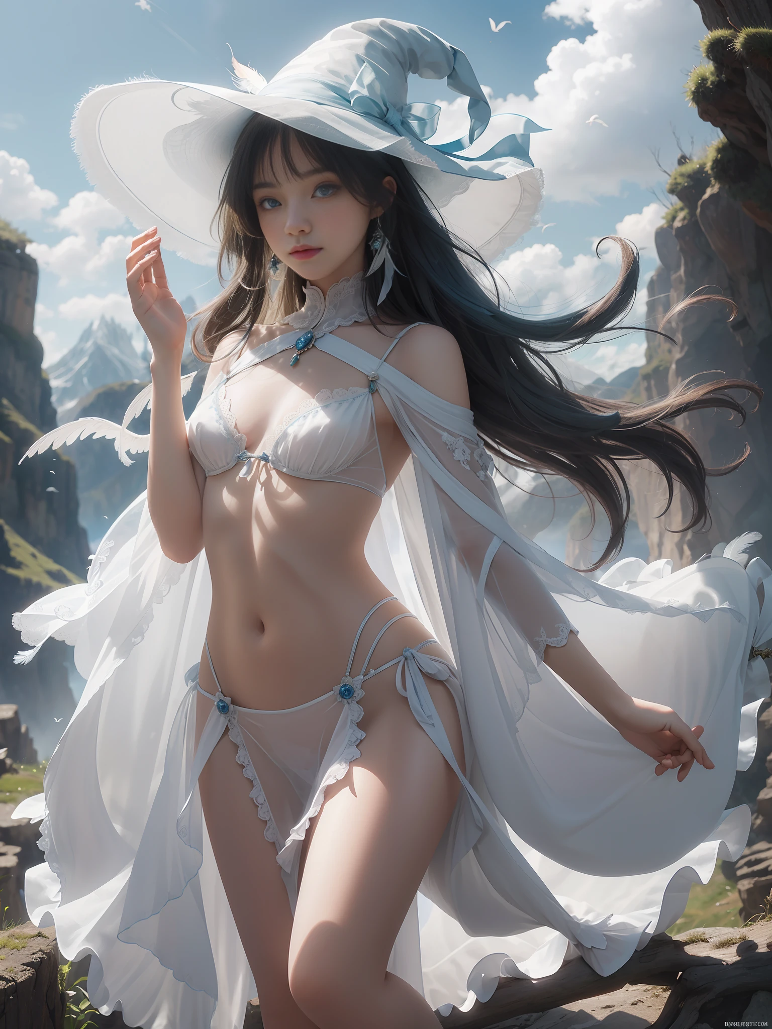 Highly detailed CG, (beautiful detail eyes, ultra high definition face, girl surrounded by witches, one girl, small breasts, bare feet, girl witch, white thin soft completely transparent cloth, full anatomy, no breastplate, feathers are symmetrical, sky, mountain, clouds, ribbon, small blue hat, dynamic angle, flowing, 8k wallpaper, masterpiece, highest quality, super detail, best lighting, best shadow,