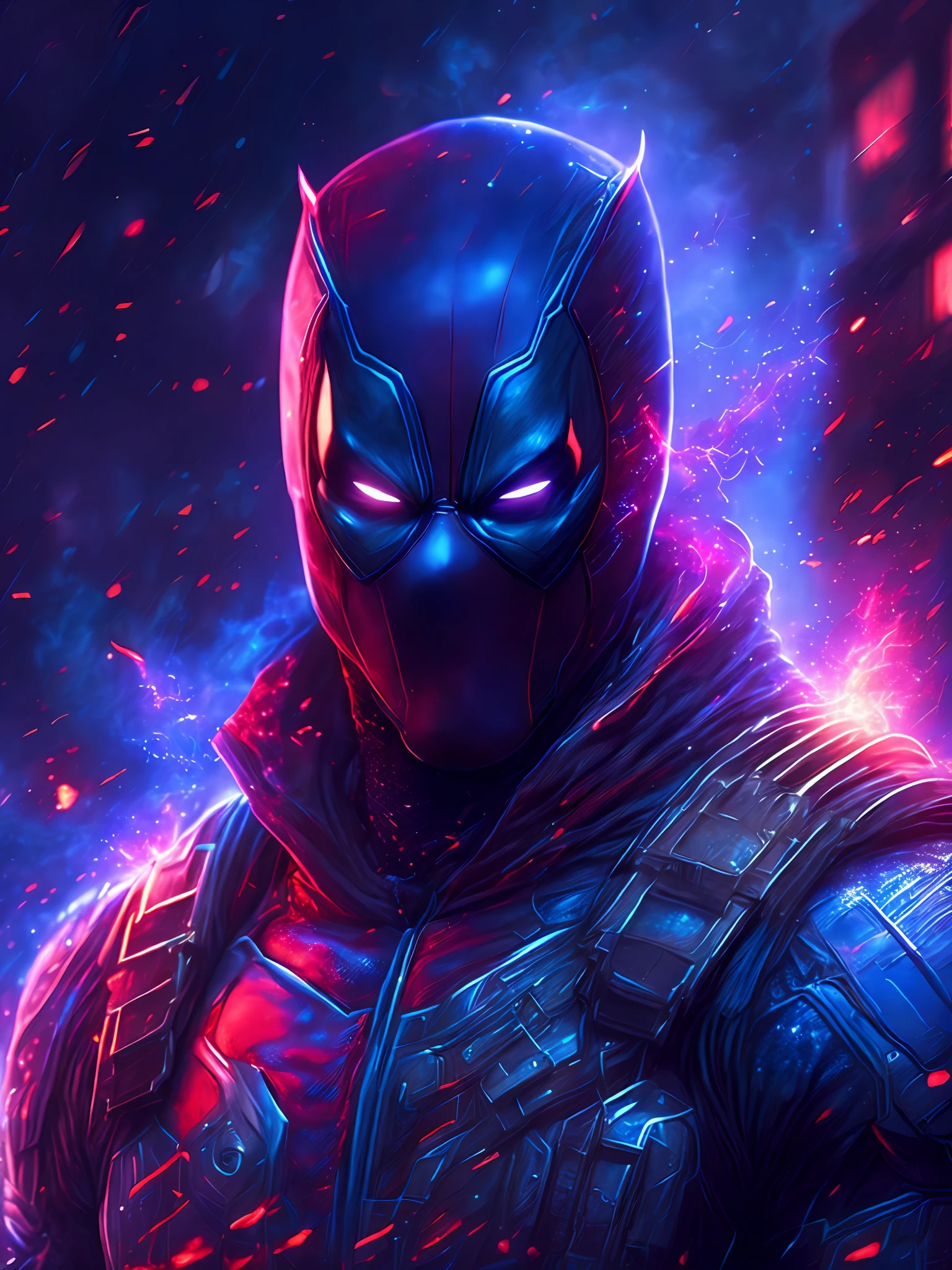 gloomy portrait of Deadpool from Marvel, extremely detailed, futuristic cityscape, nighttime, glowing neon lights, smoke, sparks, metal shavings, flying debris, blue energy effects, volumetric light