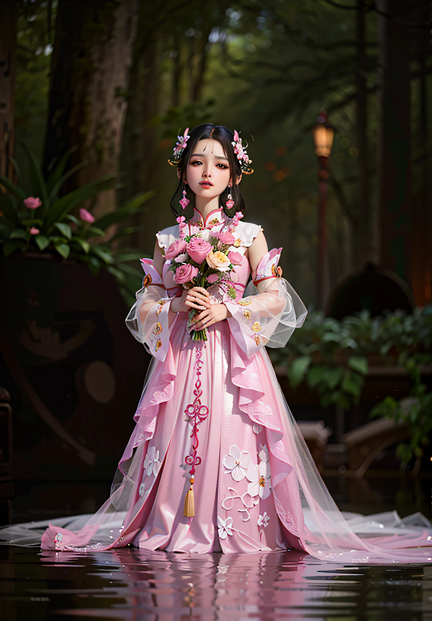 arafed woman in a pink dress holding a bouquet of flowers, fantasy photoshoot, a stunning young ethereal figure, portrait of fairy princess, chinese princess, ao dai, ethereal fairytale, lovely languid princess, palace , a girl in hanfu, inspired by Chen Yifei, yanjun chengt, fantasy dress, jingna zhang, lady with glowing flowers dress