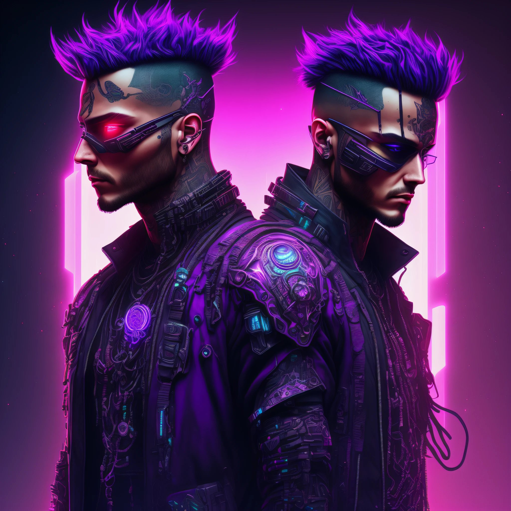 Character, man, purple eyes, neck tattoos, detailed cyberpunk style, futuristic (neon: 1.1) reflective wear, science fiction. artgern, art, illustration, ((dark environment)), ((vegnette)), ((HDR)) ((minimal palette colors)), soft tones, soft colors, faint colors, calm, highly detailed pastel colors, intricate details