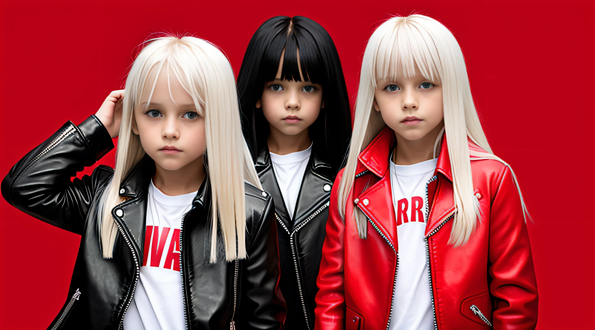 platinum blonde girls children WITH STRAIGHT HAIR, RED BACKGROUND. Red leather jacket and black clothing. .