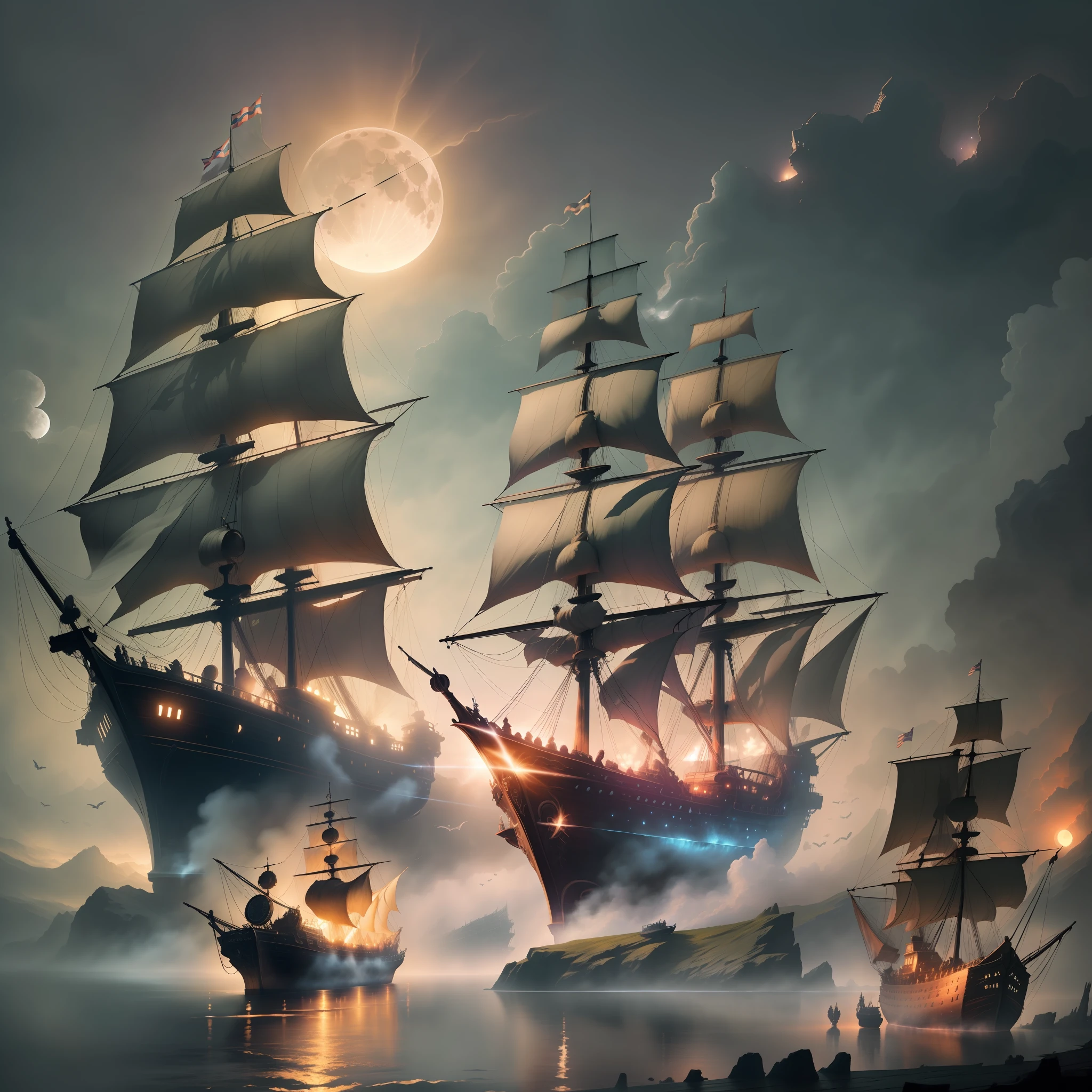 Dark lake, Ghost battle ship fighting an old pirate ship, the full moon, the mystical aura of the environment, perfect moon lighting, fog, soft stars light, soft glow, horizon, correctly drawn horizon, shine, digital painting, high quality, by IrinaKapi