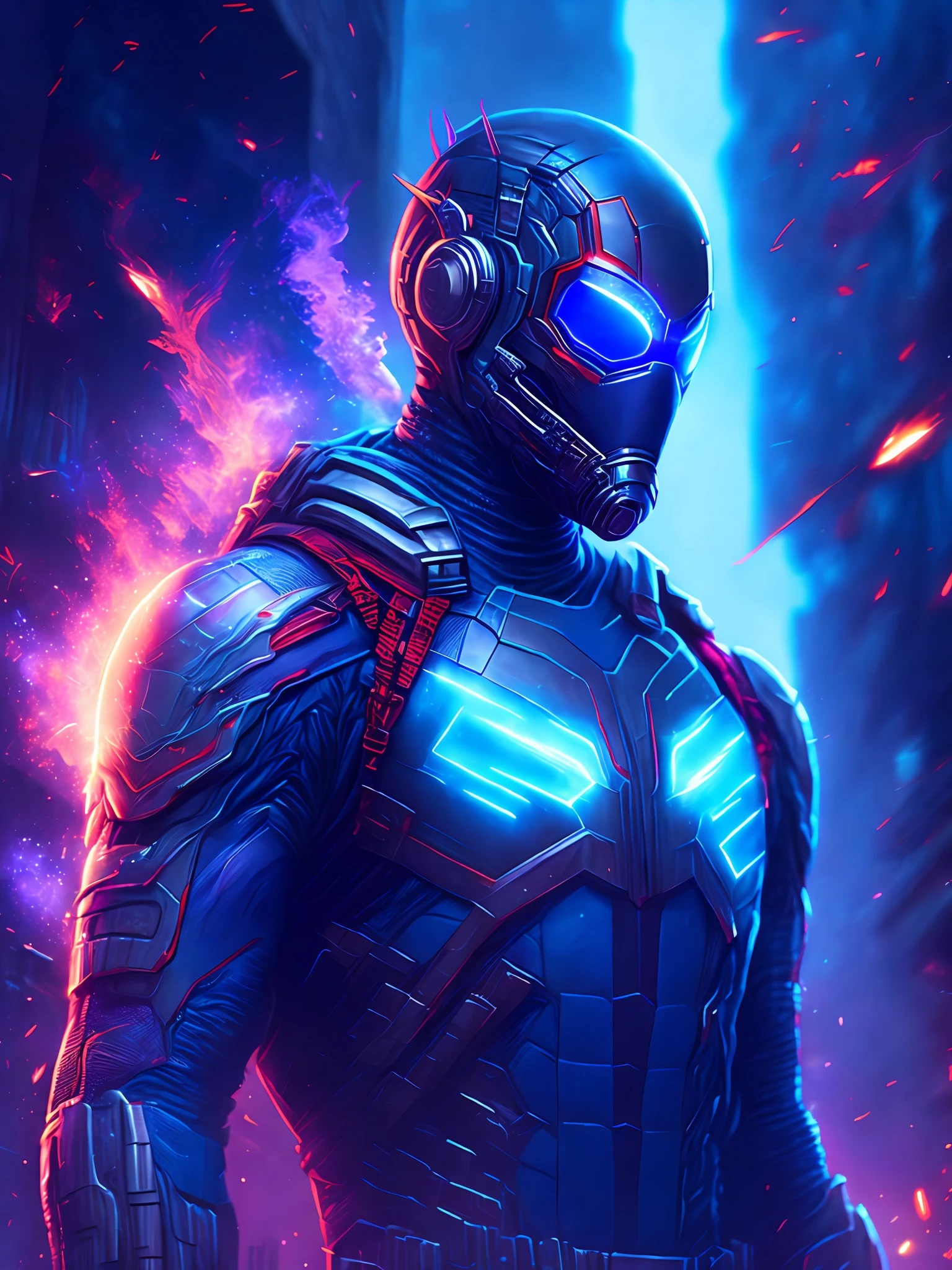 gloomy portrait of Ant-Man from Marvel, extremely detailed, futuristic cityscape, nighttime, glowing neon lights, smoke, sparks, metal shavings, flying debris, blue energy effects, volumetric light