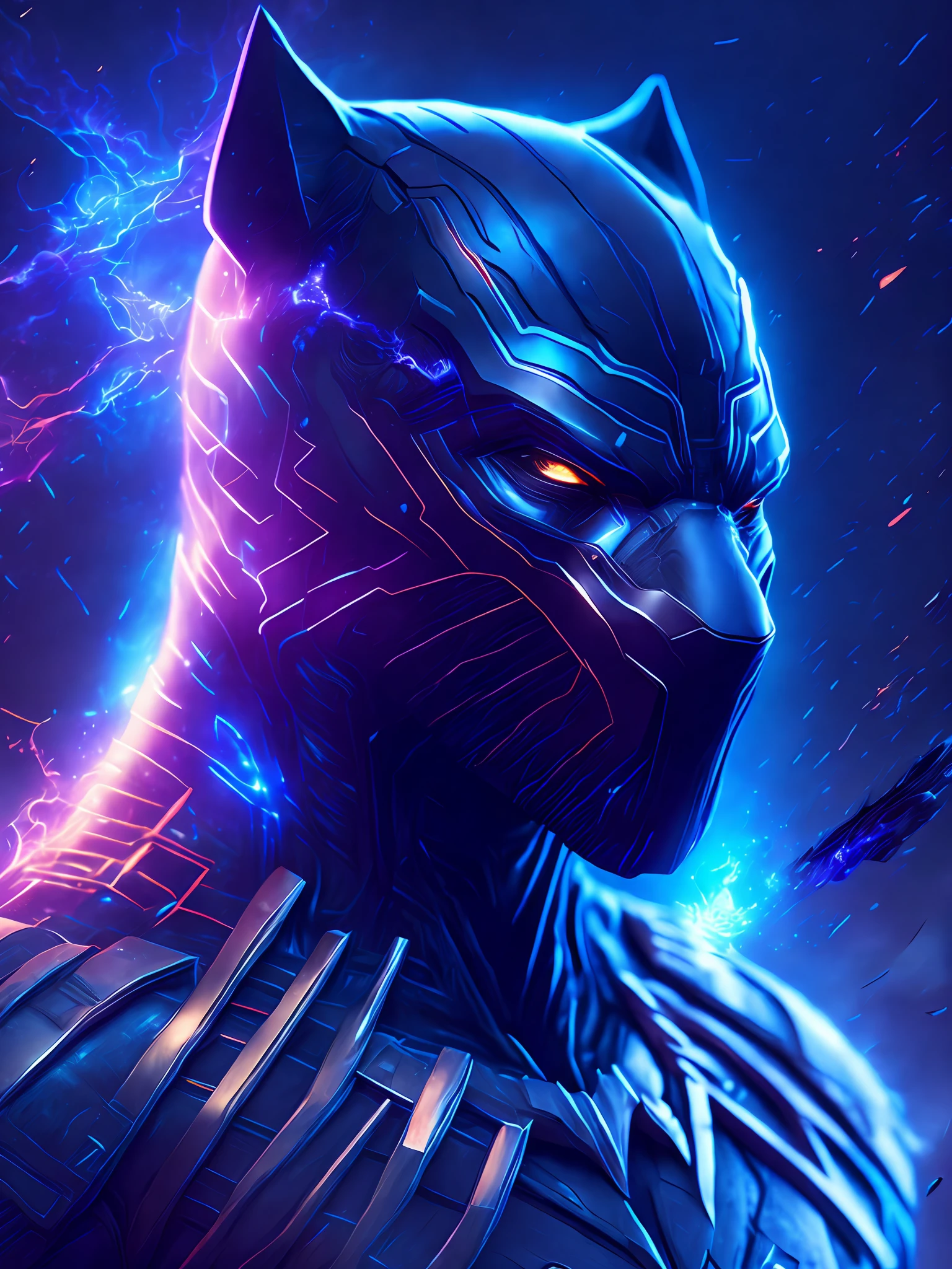gloomy portrait of Black Panther from Marvel, extremely detailed, futuristic cityscape, nighttime, glowing neon lights, smoke, sparks, metal shavings, flying debris, blue energy effects, volumetric light
