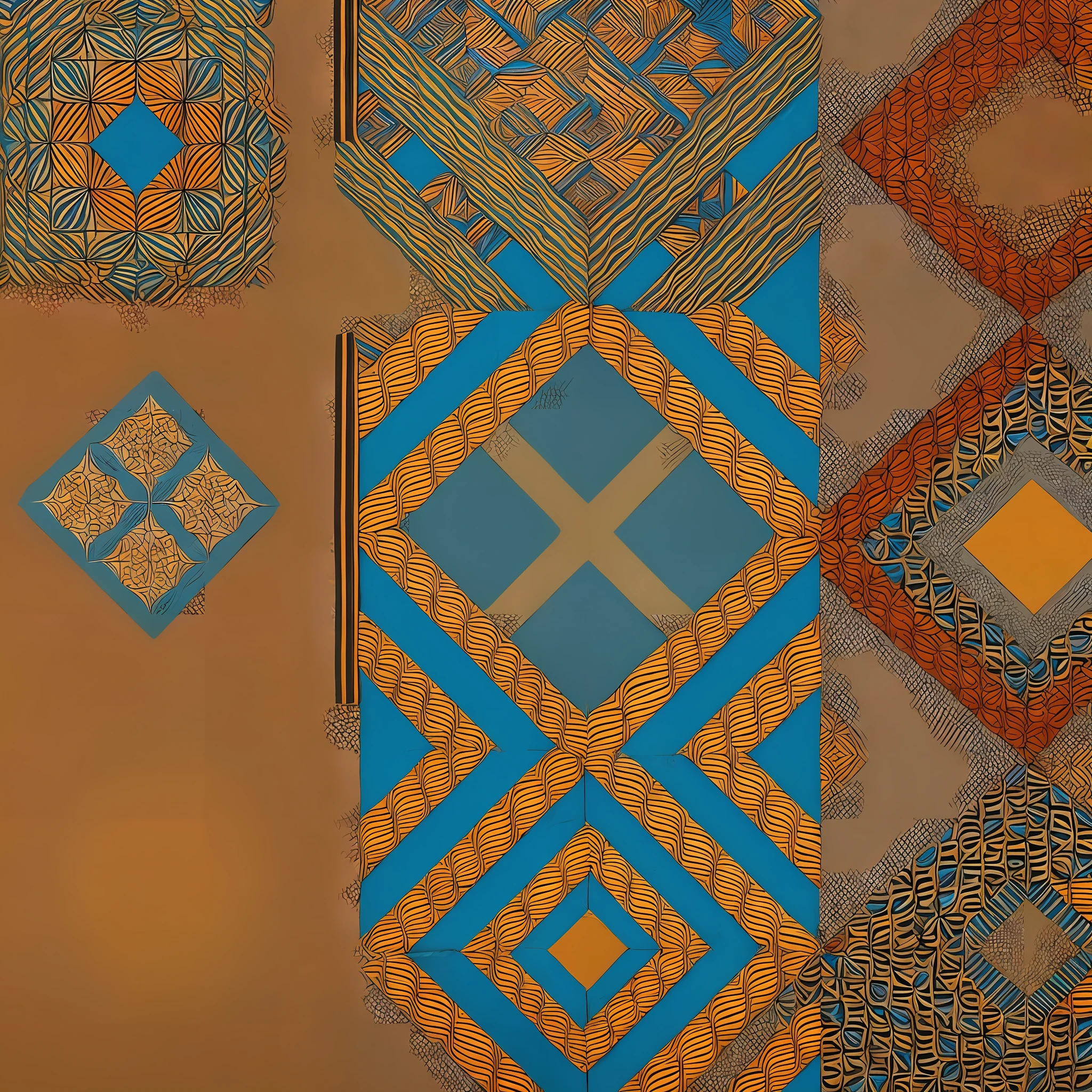 African Geometries Unveiled
Description: Craft a visually captivating series of artworks that showcase the intricate geometric patterns found in African culture. Each image should possess a touch of elegance and be adorned with colors reminiscent of Africa, ensuring no two pieces are alike, resulting in a truly unique and enchanting collection.