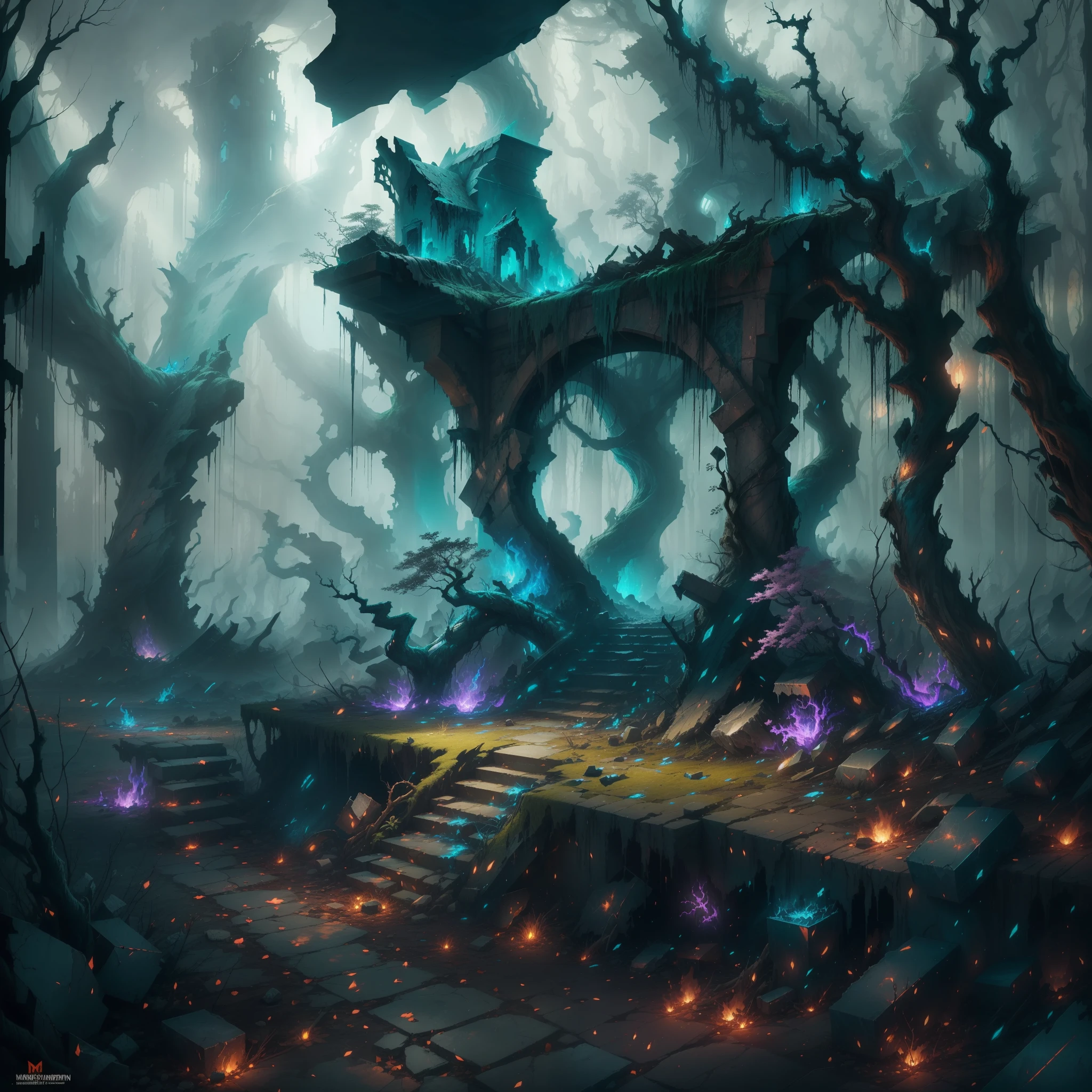 Amid a desolate and gloomy landscape lies a place that seems to have been consumed by chaos. Highlights include the ruins of an ancient structure, now in rubble and covered in moss. The shadows that hang over the place are intense and oppressive, creating an atmosphere of despair and loneliness.
From the top of the wreckage, blue shadows of a phoenix, a mythological creature known for its rebirth through fire, emerge. These shadows dance in the air, emitting a faint light, like burning embers, as they move in chaotic patterns. The blue glow that emanates from them is a reminder of the splendor and majesty that this mythical being used to represent, now distorted by the dark context.
All around, gnarled, lifeless trees stretch out, with branches that look like claws ready to grab any being that ventures by. The wind whispers sadly between the logs, creating a sinister and lurid melody. The sky is shrouded with heavy black clouds, as if the sun and hope had been banished from this place.
This destroyed environment is a symbolic reflection of the chaos and ruin that has plagued this once-thriving place. The presence of the blue phoenix shadows underscores the idea of a distorted rebirth, of an eternal cycle of destruction and despair. It is a place where hope is only a distant memory, and the predominant feeling is that of abandonment and desolation.