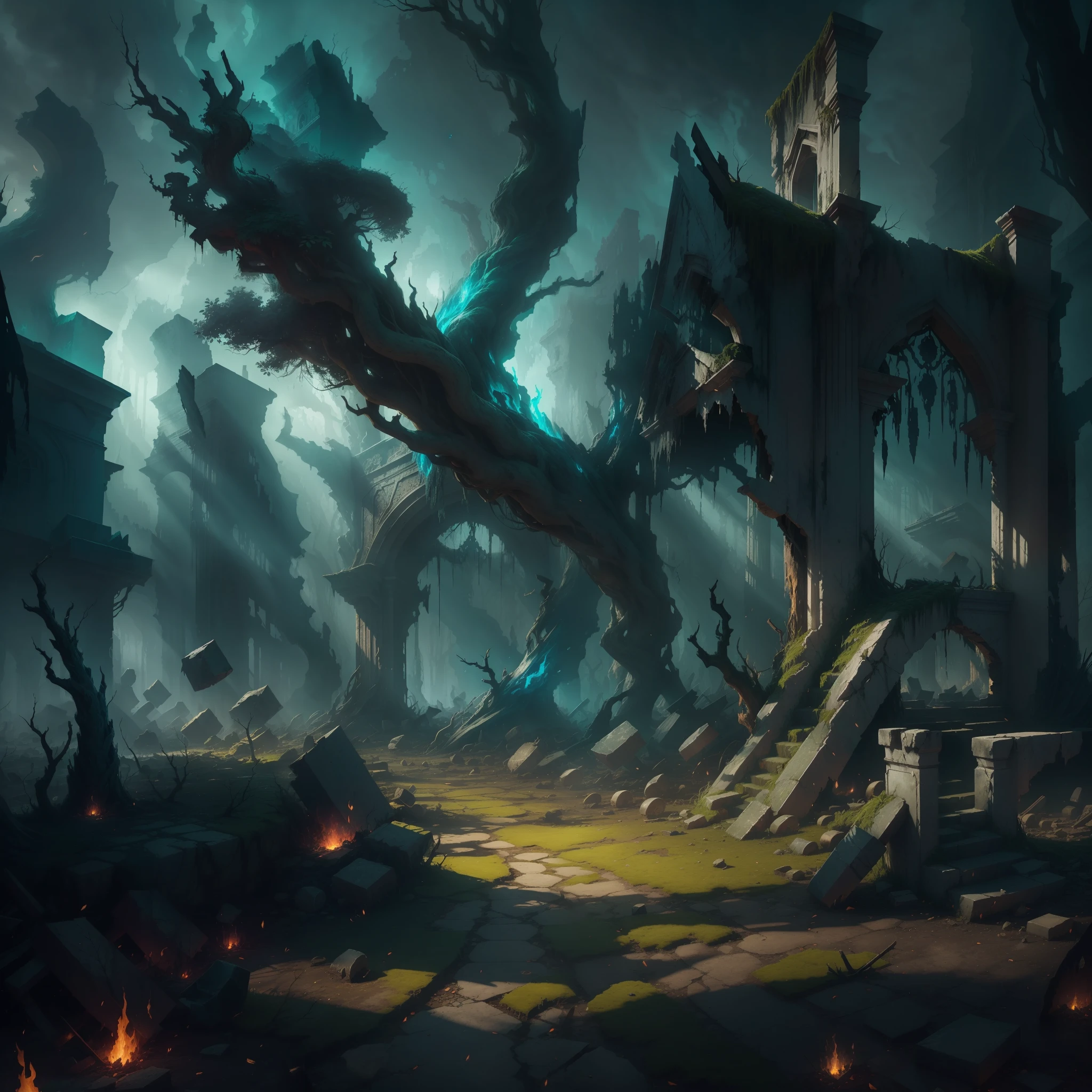 Amid a desolate and gloomy landscape lies a place that seems to have been consumed by chaos. Highlights include the ruins of an ancient structure, now in rubble and covered in moss. The shadows that hang over the place are intense and oppressive, creating an atmosphere of despair and loneliness.

From the top of the wreckage, blue shadows of a phoenix, a mythological creature known for its rebirth through fire, emerge. These shadows dance in the air, emitting a faint light, like burning embers, as they move in chaotic patterns. The blue glow that emanates from them is a reminder of the splendor and majesty that this mythical being used to represent, now distorted by the dark context.

All around, gnarled, lifeless trees stretch out, with branches that look like claws ready to grab any being that ventures by. The wind whispers sadly between the logs, creating a sinister and lurid melody. The sky is shrouded with heavy black clouds, as if the sun and hope had been banished from this place.

This destroyed environment is a symbolic reflection of the chaos and ruin that has plagued this once-thriving place. The presence of the blue phoenix shadows underscores the idea of a distorted rebirth, of an eternal cycle of destruction and despair. It is a place where hope is only a distant memory, and the predominant feeling is that of abandonment and desolation.
