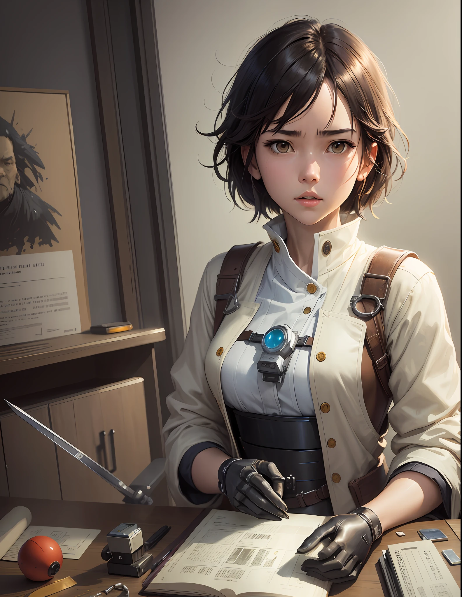 A scientist wearing a white coat teaching a robot mine, simple art inspired by the visual style of the ghibli studio, baroque oil painting anime key visual full-body portrait concept art, grimdark brutalist fantasy, kuudere noble dictator, pixiv trend fan box, rule of thirds golden ratio, by greg rutkowski wlop makoto shinkai takashi takeuchi studio ghibli jamie wyeth