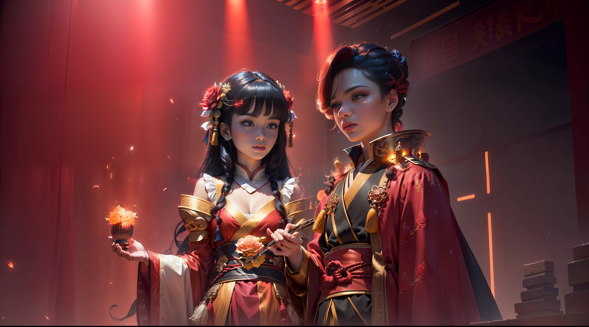 Masterpiece, best quality, (very detailed CG unity 8k wallpaper), (best quality), (best illustration), (best shadows), bar theme with cyber elements. Round, surrounded by neon lights with mood lights and glowing particle effects, (bar elements), (bar themes), (fans), (bars), (lights), romance, (delicate makeup), (glows), (particle effects). , isometric 3D, Octane rendering, ray tracing, super detailed (extremely detailed CG Unity 8k wallpaper, masterpiece, high quality, super detail), 1girl (charming girl, tassel made of red hanfu, gorgeous, and charming red rose), (dynamic view, dazzling eyes, Long hair: 1.3, fine collection,) surrounded by light effects, (background of stage with lights, firefly lights, glowing particles, brilliant lights and atmosphere), high saturation.