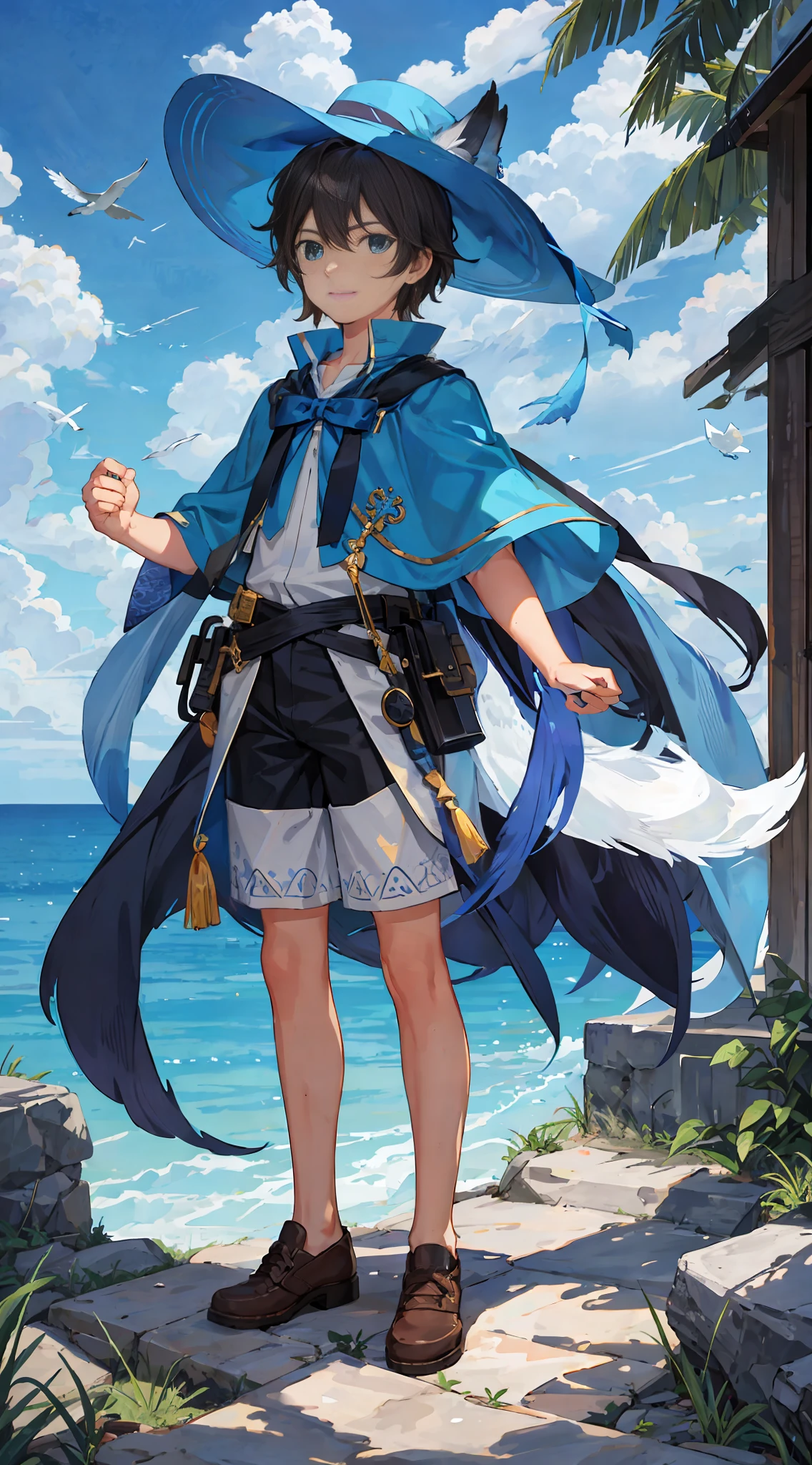 (masterpiece), (best quality), hdr, realistic, sun, in a grove, strong edge of light, beautiful detailed sky, shadow, wallpaper, camera-facing, (Keep medium distance from camera), (child solo boy), adventurous hat, earrings, bow, white shorts, blue with accessories, long capelete, blue cape, brown hair, medium hair, Look close, detailed background, whole body, loose birds "radiant colorful", (super detailed, realistic perfect strokes), ( perfect strokes ultra realistic), (bright blue fox) super well done realistic, boy smiling, happy, background animals, animals look at boy, celestial harmony park, wide view, 8k ultra HD, HDR, "realistic focus"