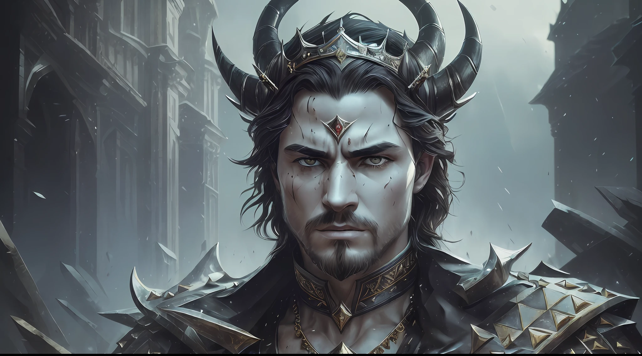 (Cinematic Photo:1.3) from (Ultra detailed:1.3) photo of the world's most beautiful artwork with soft glossy, (((heroic epic epic fantasy rough rough wet MALE DEMONIC FIGURE wounded hero angry look with hair SHORT BLACK, PAIR OF BLACK HORNS and fierce look in a dynamic posture,crown of king studded with diamonds, garments of centuries before Christ))), chest, full face,(dark background:1.4) (realistic epic, hdr, intricate details, hyperdetailed, cinematic, rim light, muted: 1.5), ((fantastic location, majestic cluttered environment)), skin pores, very dark lighting, heavy shadows, detailed, detailed face, (realistic photo, dramatic, dark, sharp focus, 8k), (flawless king outfit:1.5), (intricate: 1.4), decadent, (highly detailed: 1.4), octane rendering, sharp focus, sitting on the throne, floating particles,(by artist Greg Rutkowski:1.3),Highly detailed,(Kinemacolor:1.3) --auto --s2