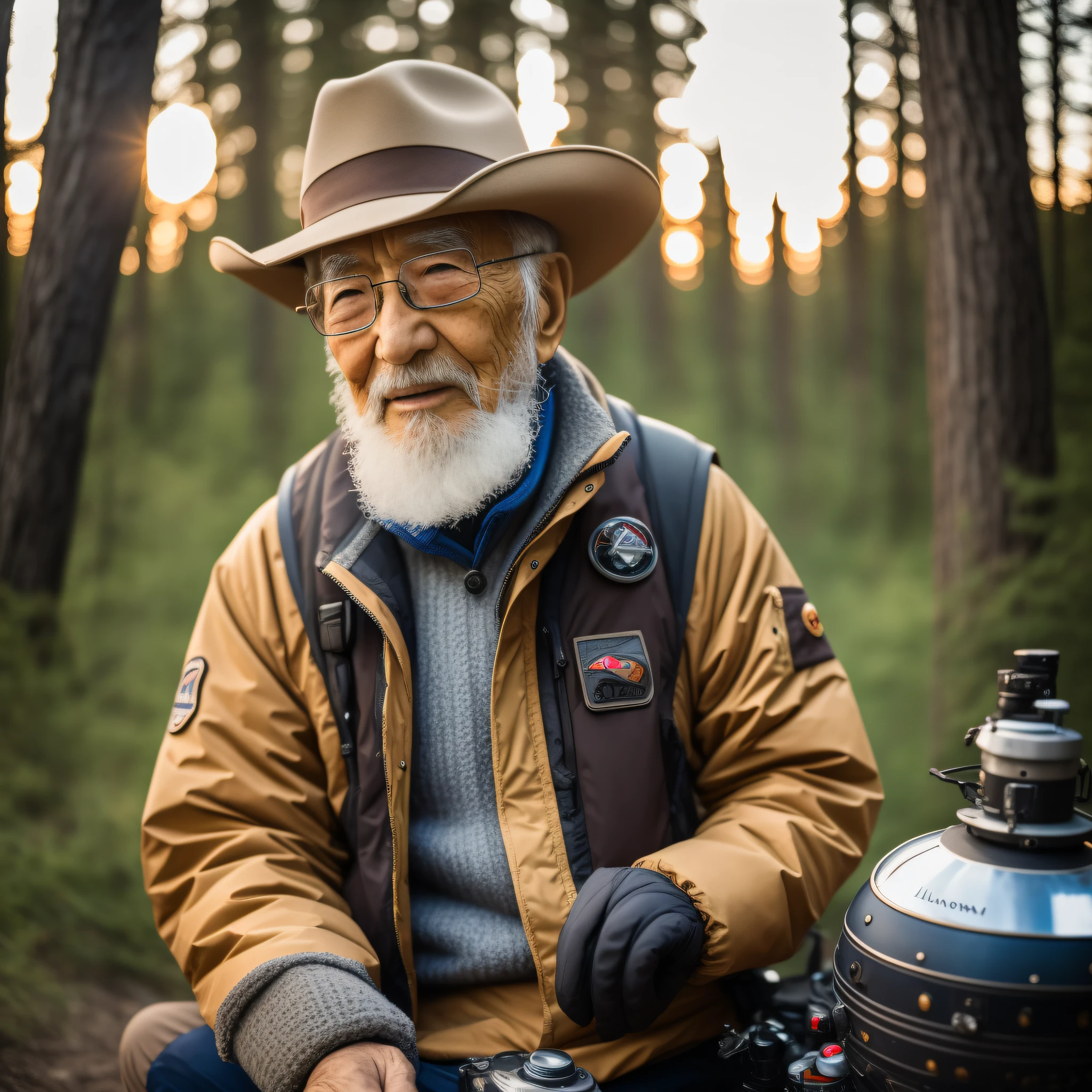 Eli Shakamora, 88 Years old Japanese face with a beard and glasses, wearing a Futuristic flight suit with Space Command Logo on Cowboy hat and jacket, best quality, ultra-detailed, solo, outdoors, mountains, nature, cheerful, happy, backpack, sleeping bag, camping stove, water bottle, mountain boots, gloves, sweater, flashlight, forest, rocks, river, wood, fireplace, clear sky, RAW, upper body, wearing pullover, hyper realistic masterpiece, amazing photo realistic photograph. dramatic light, looking down+film grain, Leica 50mm-200mm, Kodak portra 800, chiaroscuro, f1.4, golden hour —ar 3:4 —test –upbeta