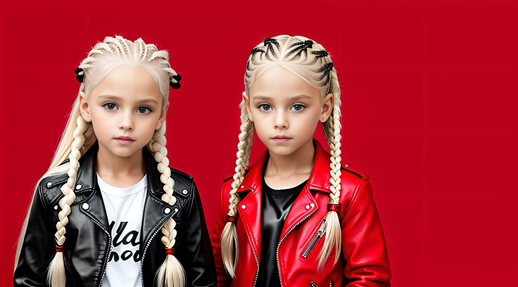 Platinum blonde children girls with braids WITH STRAIGHT HAIR, RED BACKGROUND. Red leather jacket and black clothing. .