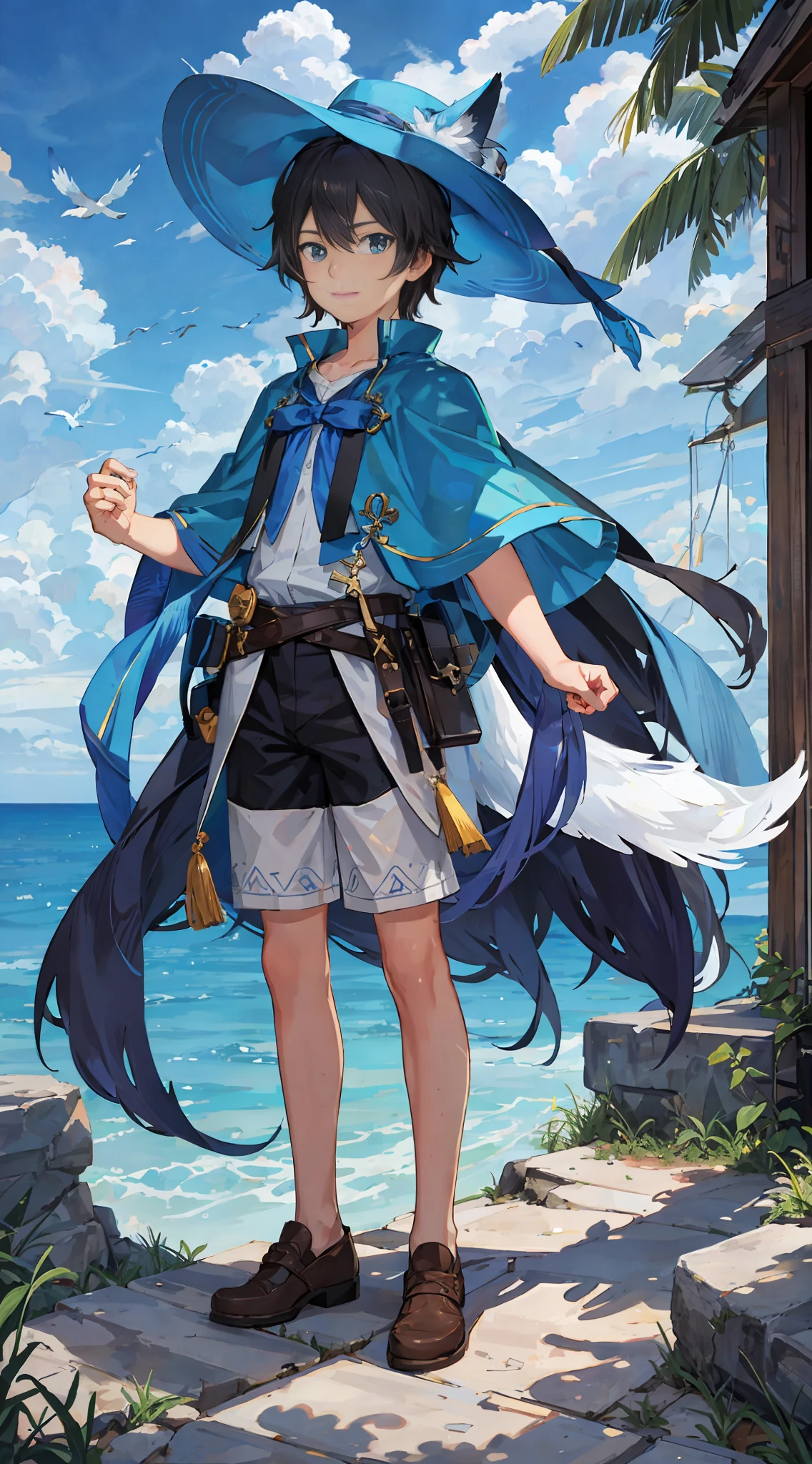 (masterpiece), (best quality), hdr, realistic, sun, in a grove, strong edge of light, beautiful detailed sky, shadow, wallpaper, camera-facing, (Keep medium distance from camera), (child solo boy), adventurous hat, earrings, bow, white shorts, blue with accessories, long capelete, blue cape, brown hair, medium hair, Look close, detailed background, whole body, loose birds "radiant colorful", (super detailed, realistic perfect strokes), ( perfect strokes ultra realistic), (bright blue fox) super well done realistic, boy smiling, happy, background animals, animals look at boy, celestial harmony park, wide view, 8k ultra HD, HDR, "realistic focus"