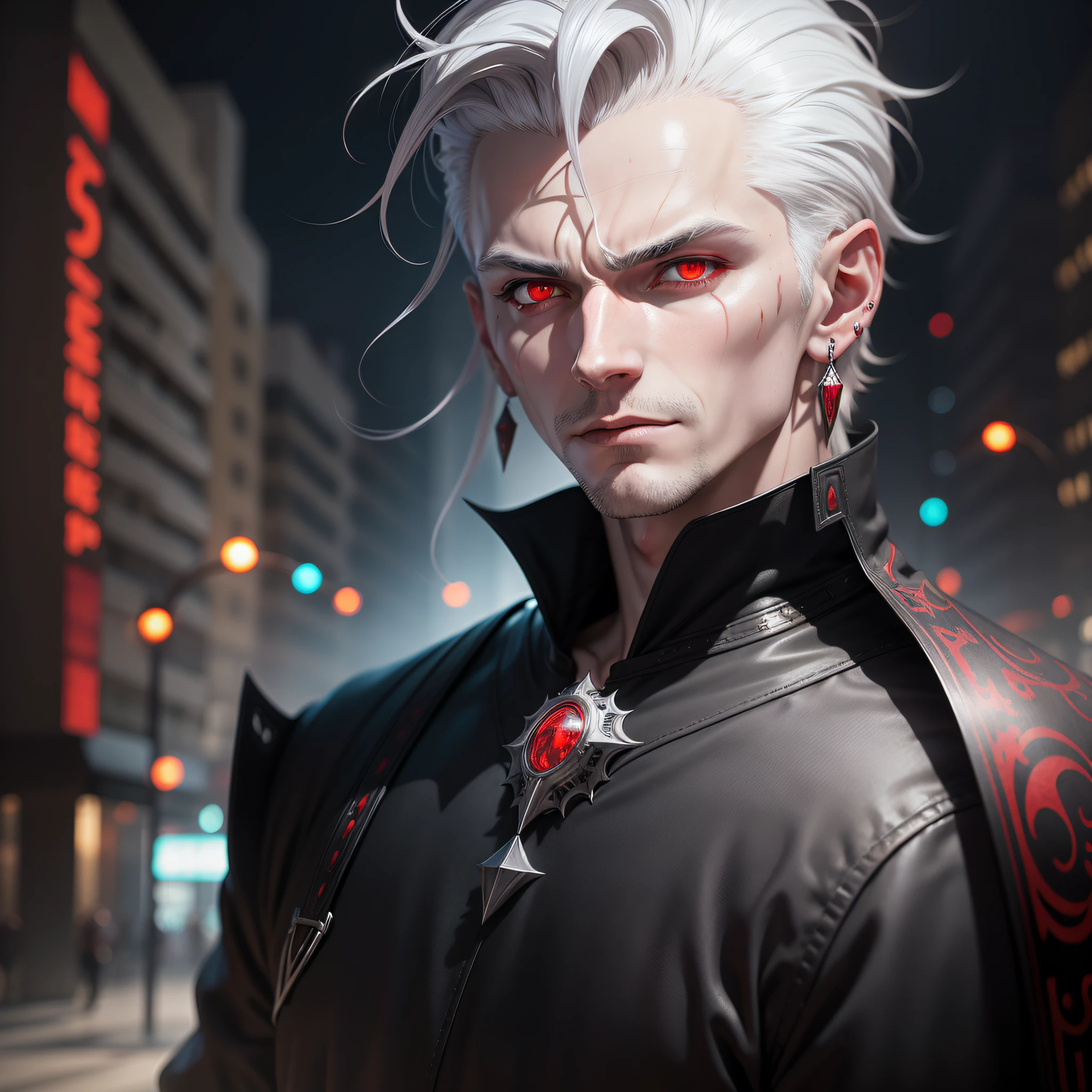 a white man 25 years old, gray hair, evil, earrings, red eyes, surrealism, surrealism, cinematic lighting, grey hair, evil, earrings, red eyes, panorama, bokeh, Surrealism, Surrealism, Futurism, cinematic lighting, panorama, Canon, anime style, HD, HD, masterpiece, textured skin