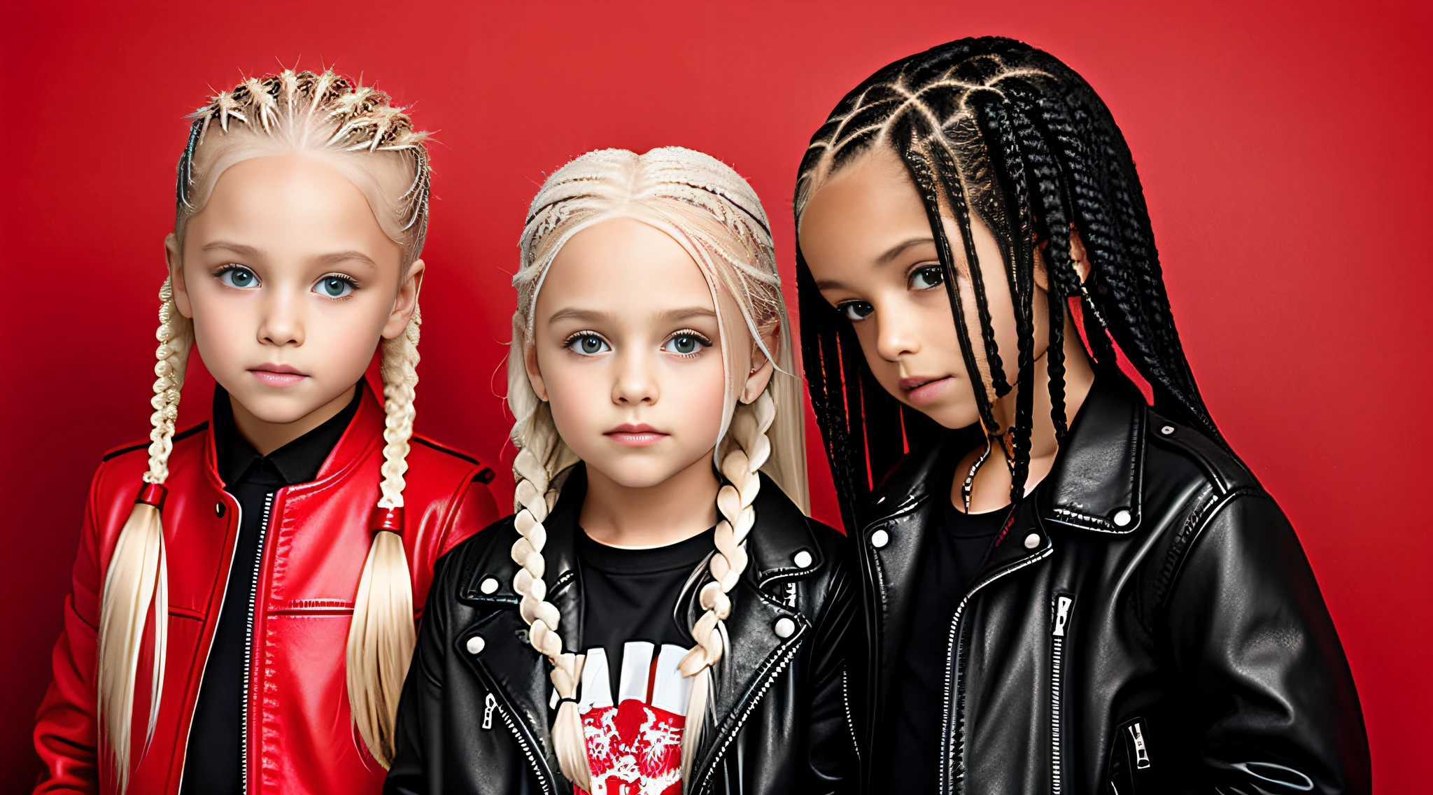 Platinum blonde children girls with braids WITH STRAIGHT HAIR, RED BACKGROUND. Red leather jacket and black clothing. .
