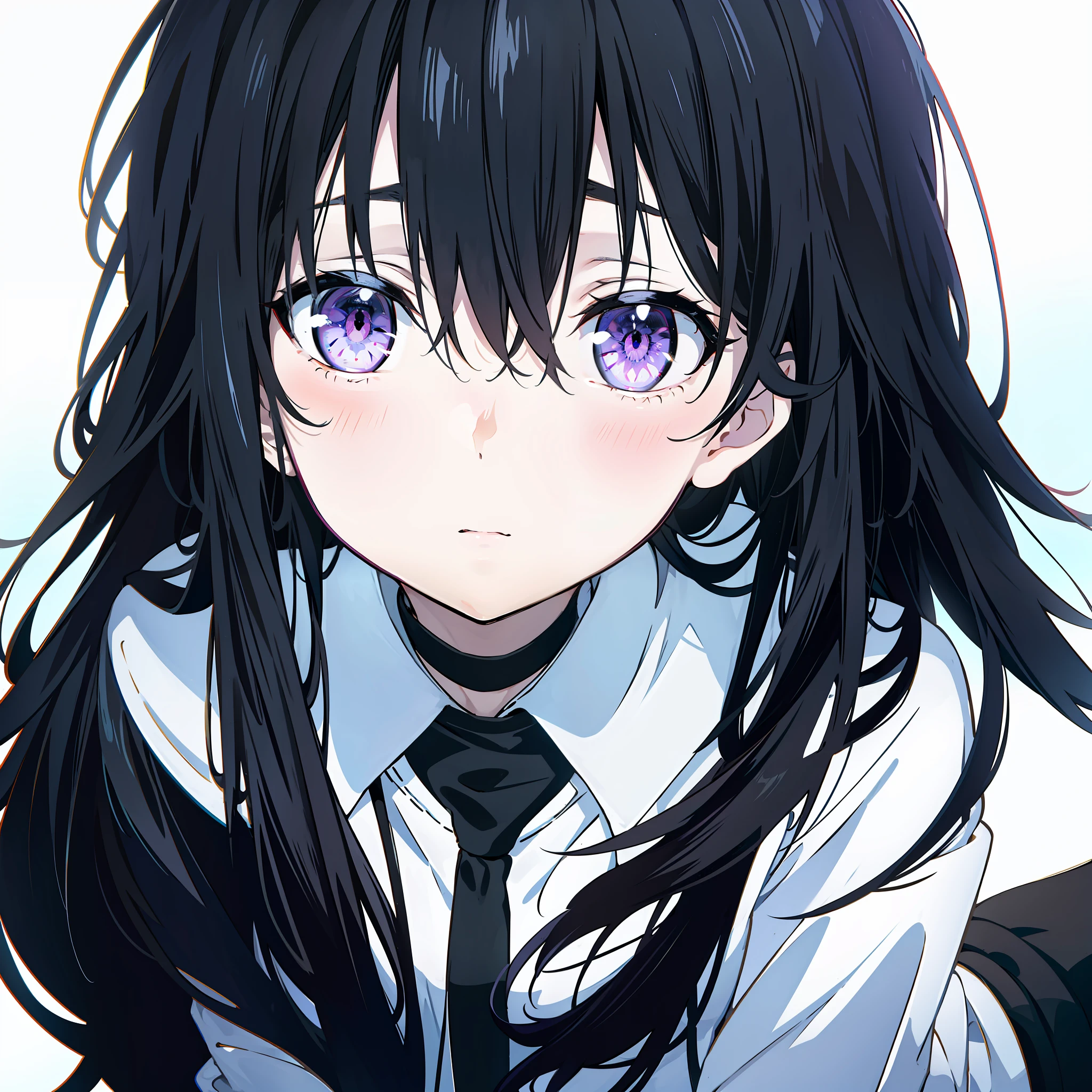 UHD, retina, masterpiece, accurate, anatomically correct, super detail, high details, high quality, award winning, best quality, highres, good anatomy, 1080P, HD, 4K, 8k, 16k, 1girl, long black hair, bangs, locks, looking at viewer, black plain background, purple eyes, glowing eyes, shrug with arms, wearing a white shirt
