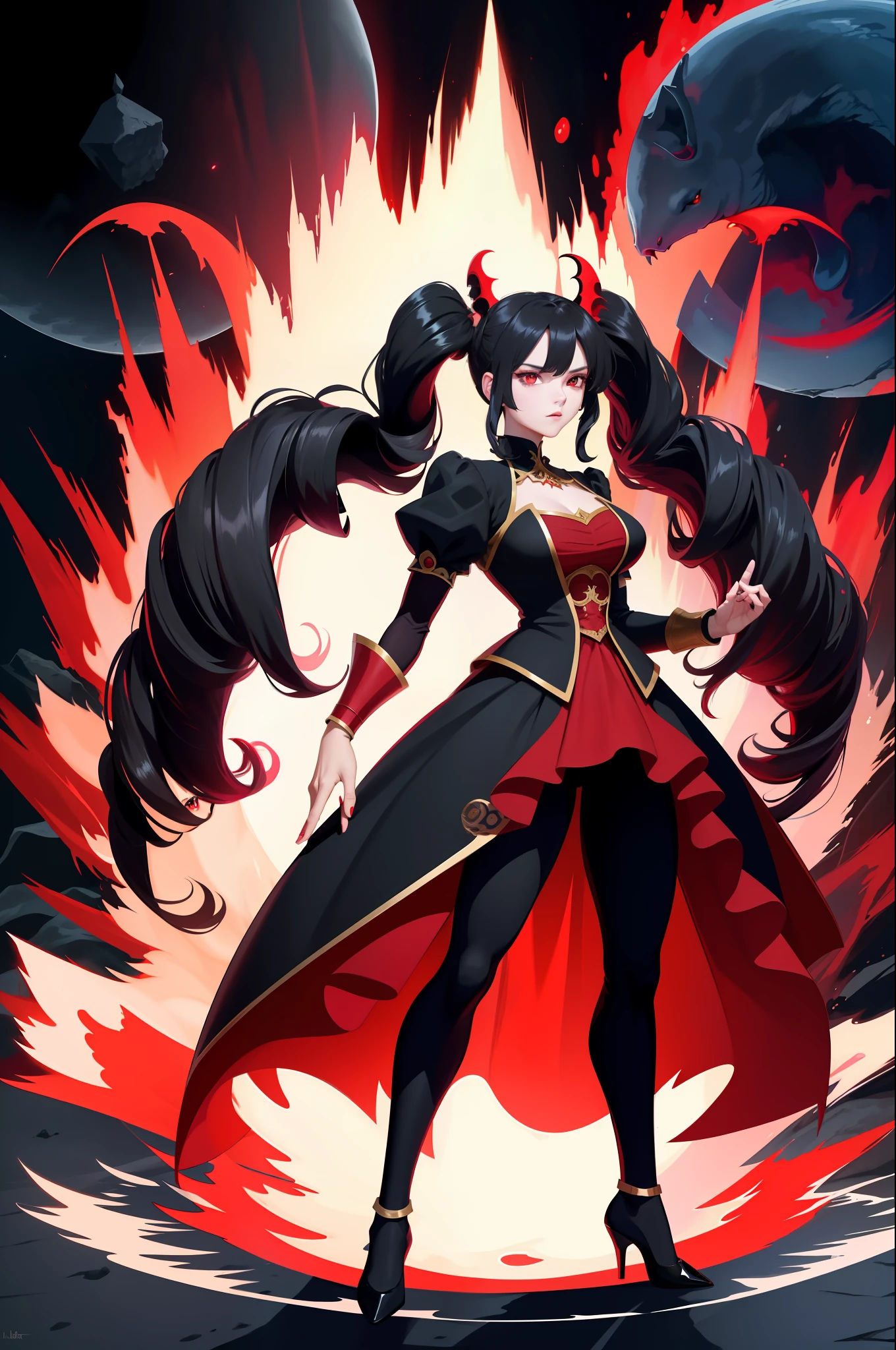 Highly detailed, High Quality, Masterpiece, beautiful, Ki Charge, aura, fighting stance, full body, (dark red aura:1.2), Celestia Ludenburg, has black hair in two large twin-drill pigtails, red eyes