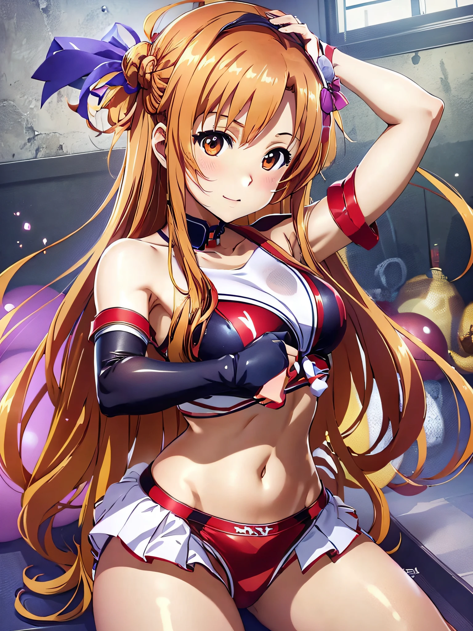 masterpiece, best quality, 8k wallpaper, asuna, asuna, anime girl in cheerleader costume with pom pom, ecchi anime style, red bikini, anime moe art style, marine kitagawa fan art, pixiv 3dcg, seductive anime girl, cheering, anime best girl,, anime goddess, popular on pixiv, (anime girl), Beautiful charming anime ,