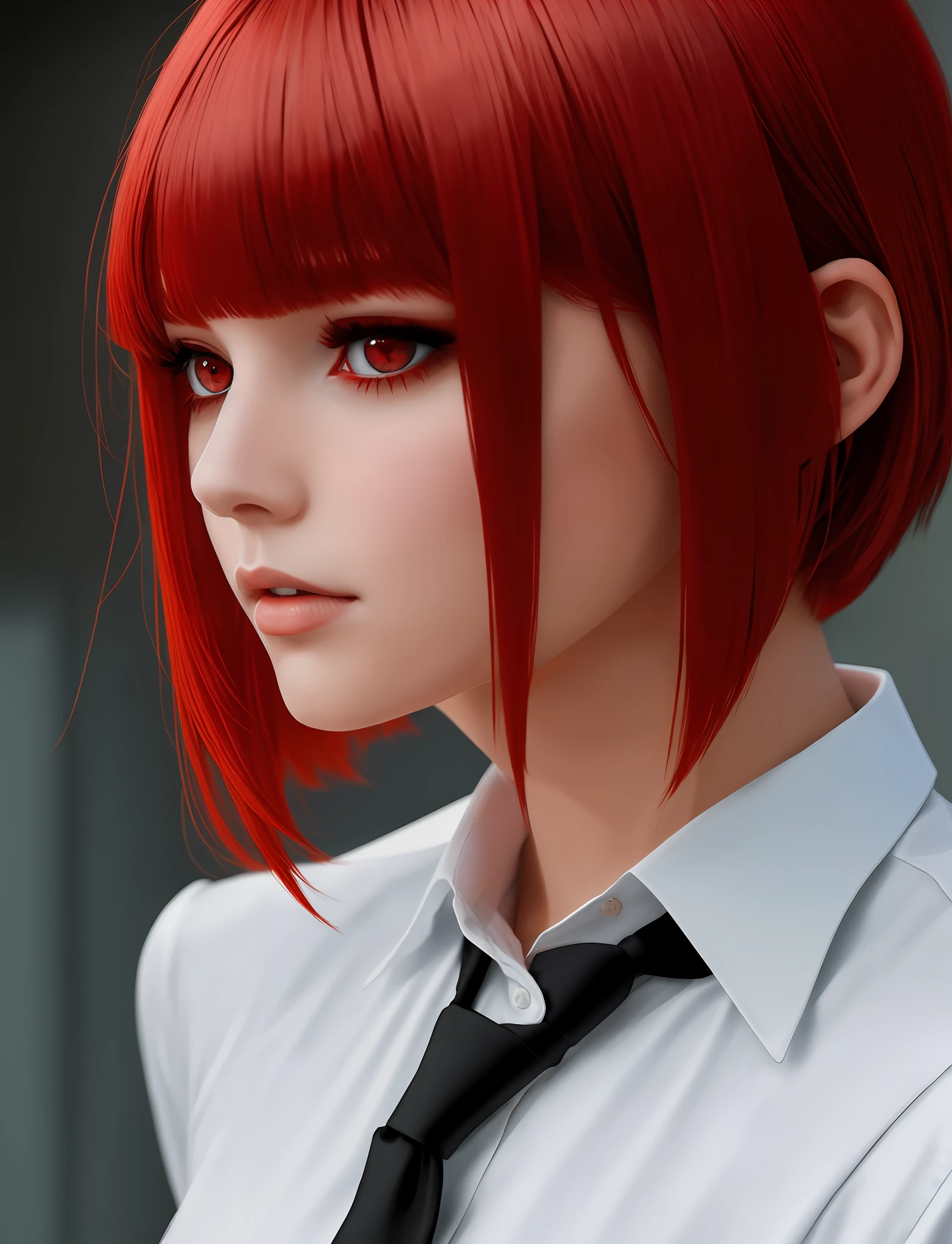 Girl, red hair, disheveled bob hairstyle with bangs, evil look, dark makeup, shirt and tie, red eyes
